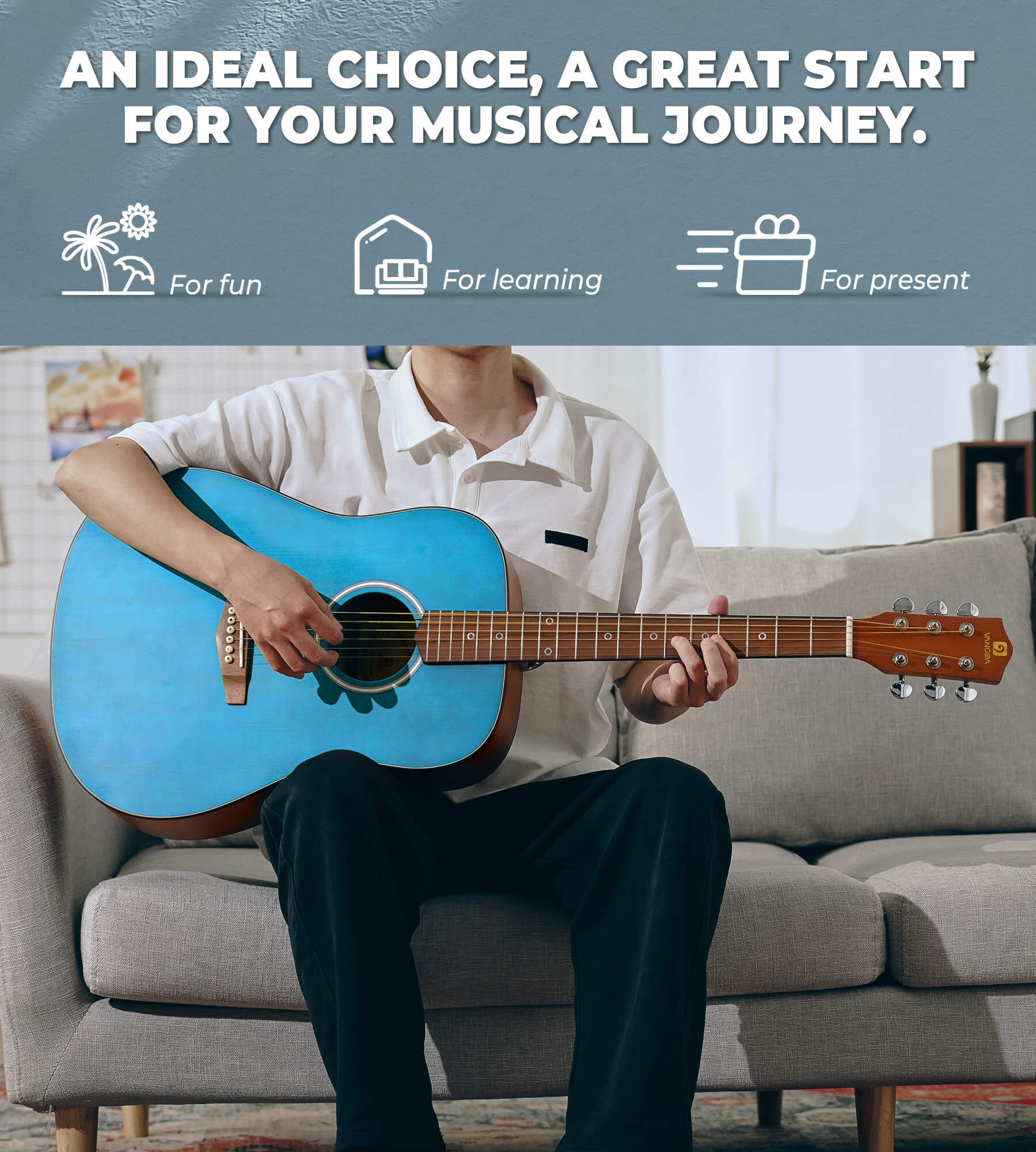 Ensemble de guitare acoustique Vangoa pour débutants, adultes, adolescents et enfants, guitare acoustique Dreadnought 4/4, guitare folk 6 cordes en acier de 104 cm avec housse de transport, droitier, bleu mat