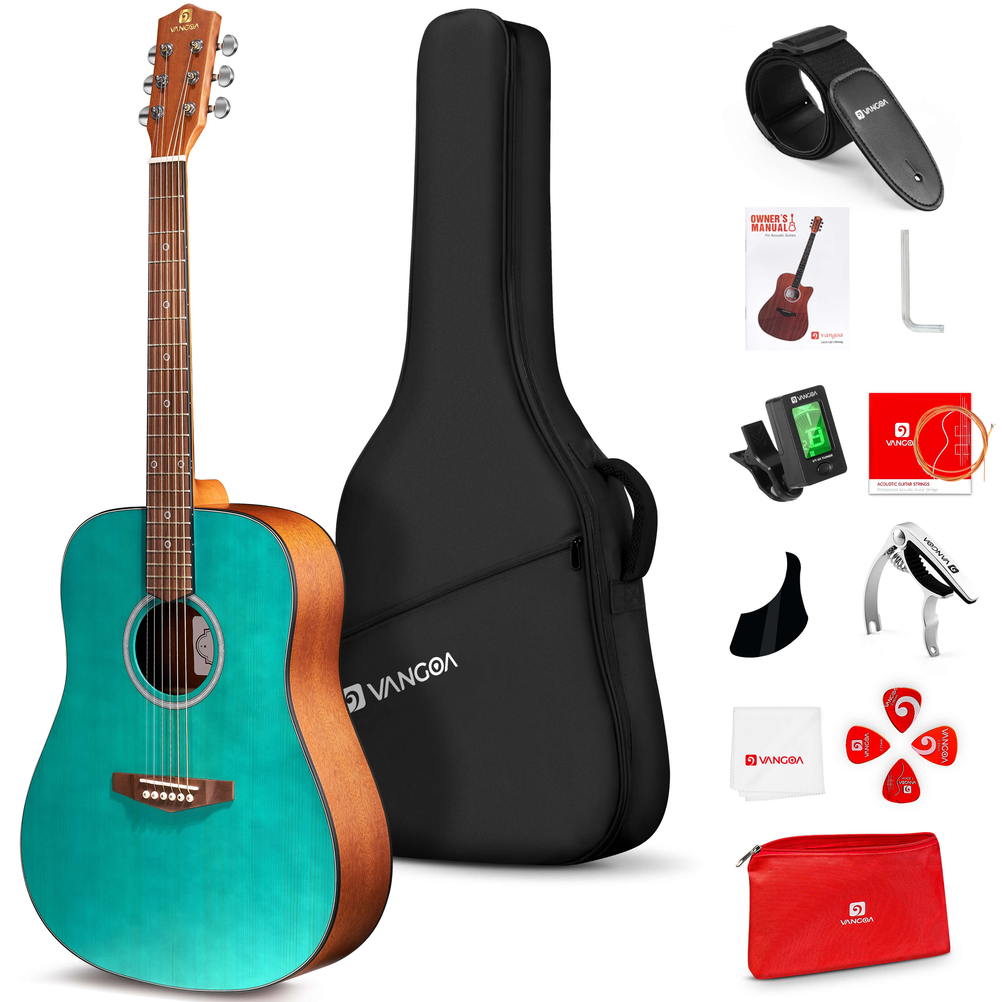Ensemble de guitare acoustique Vangoa pour débutants, adultes, adolescents et enfants, guitare acoustique 41 pouces à cordes en acier, guitare folk dreadnought 4/4, kit de démarrage avec housse, accordeur, capodastre, droitier, vert mat
