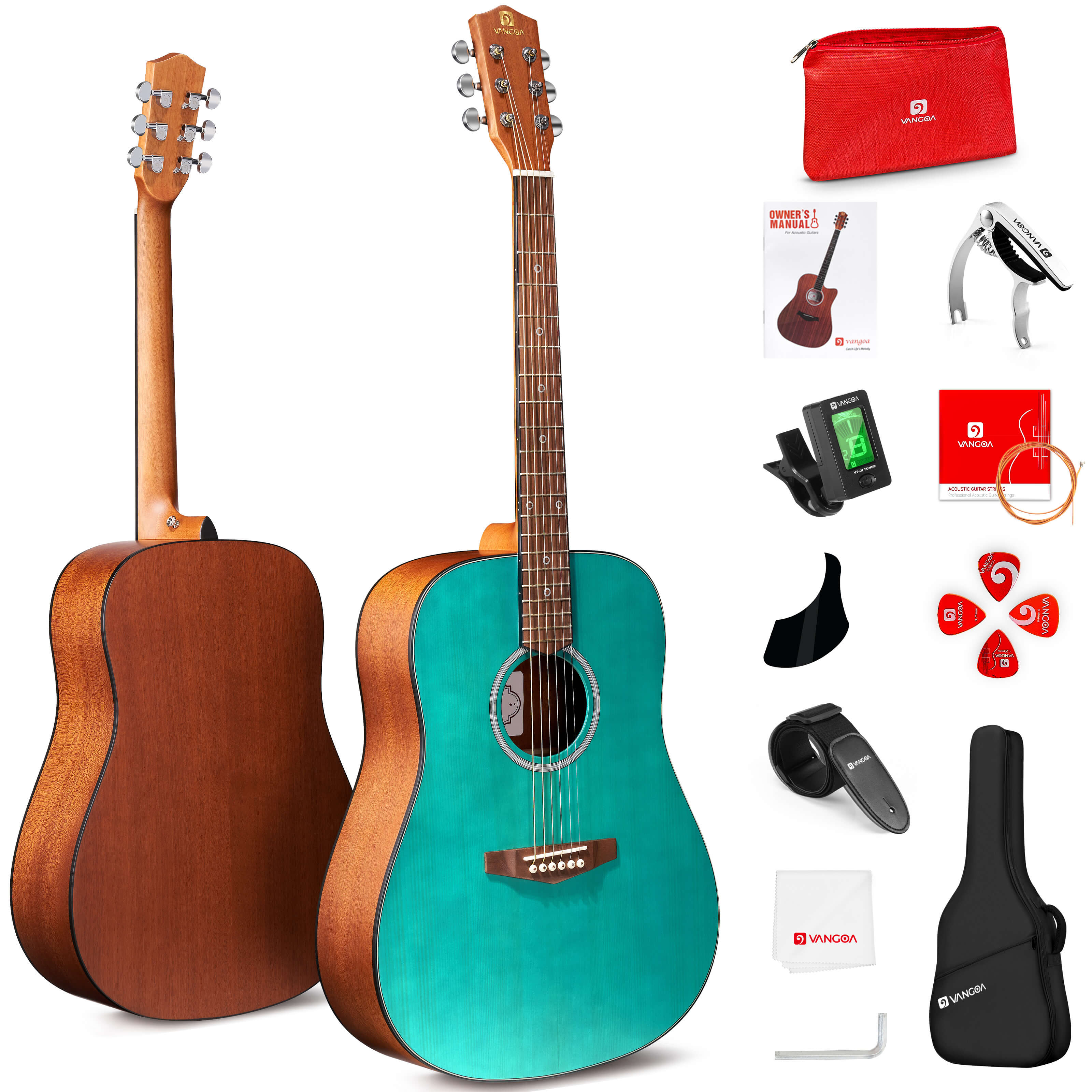 Ensemble de guitare acoustique Vangoa pour débutants, adultes, adolescents et enfants, guitare acoustique 41 pouces à cordes en acier, guitare folk dreadnought 4/4, kit de démarrage avec housse, accordeur, capodastre, droitier, vert mat