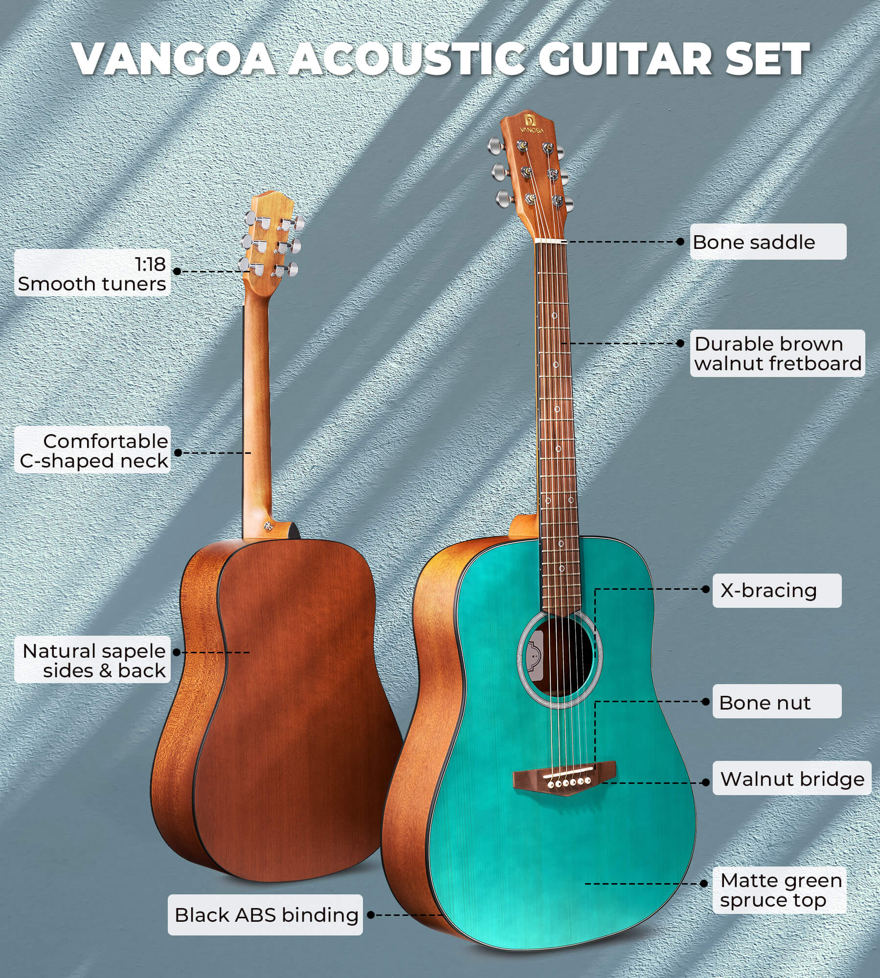 Ensemble de guitare acoustique Vangoa pour débutants, adultes, adolescents et enfants, guitare acoustique 41 pouces à cordes en acier, guitare folk dreadnought 4/4, kit de démarrage avec housse, accordeur, capodastre, droitier, vert mat