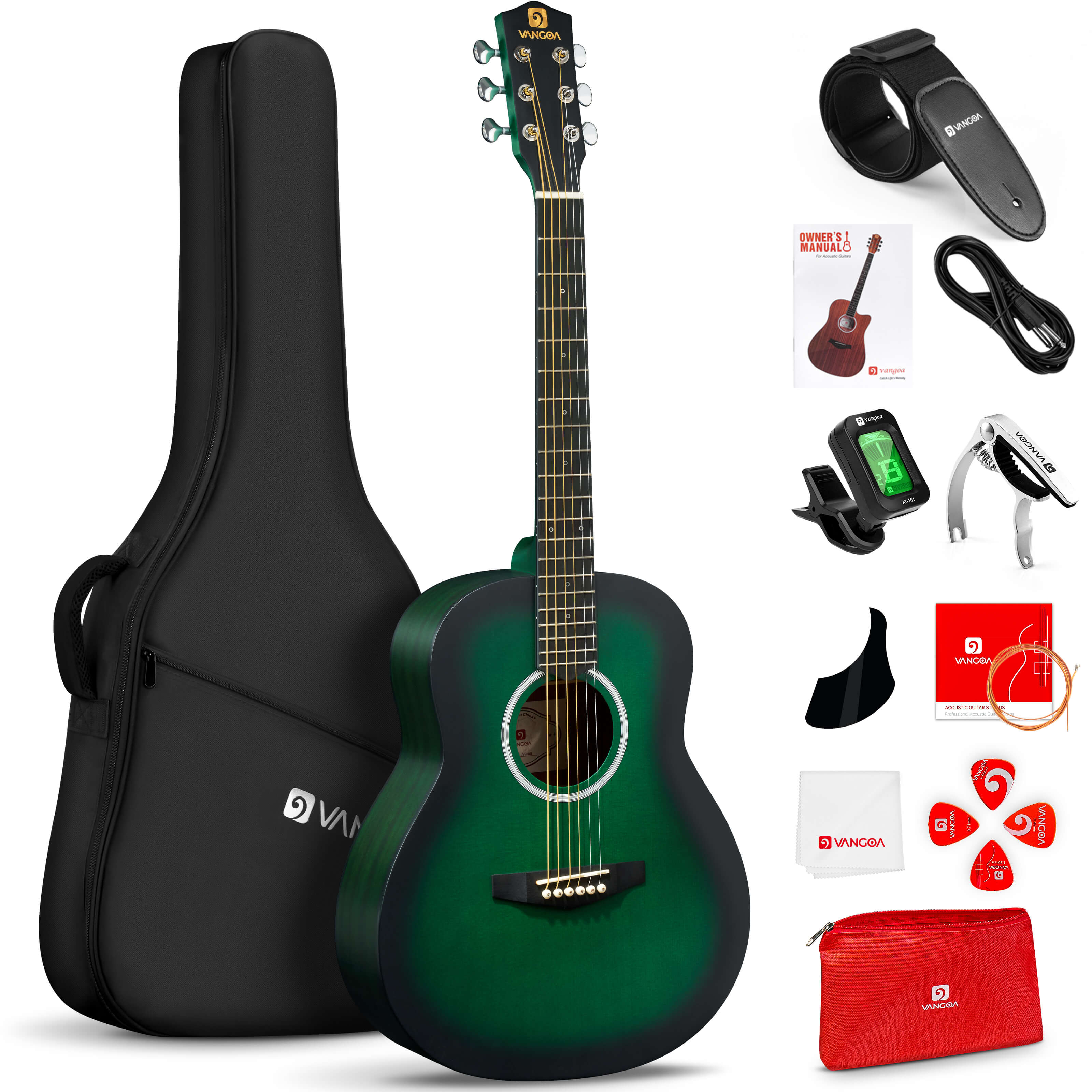 Kit de guitare acoustique Vangoa 3/4 taille junior, 91 cm, guitare de voyage de concert tout en bois avec pack de démarrage pour enfants, débutants, adultes, adolescents, droitiers, vert mat
