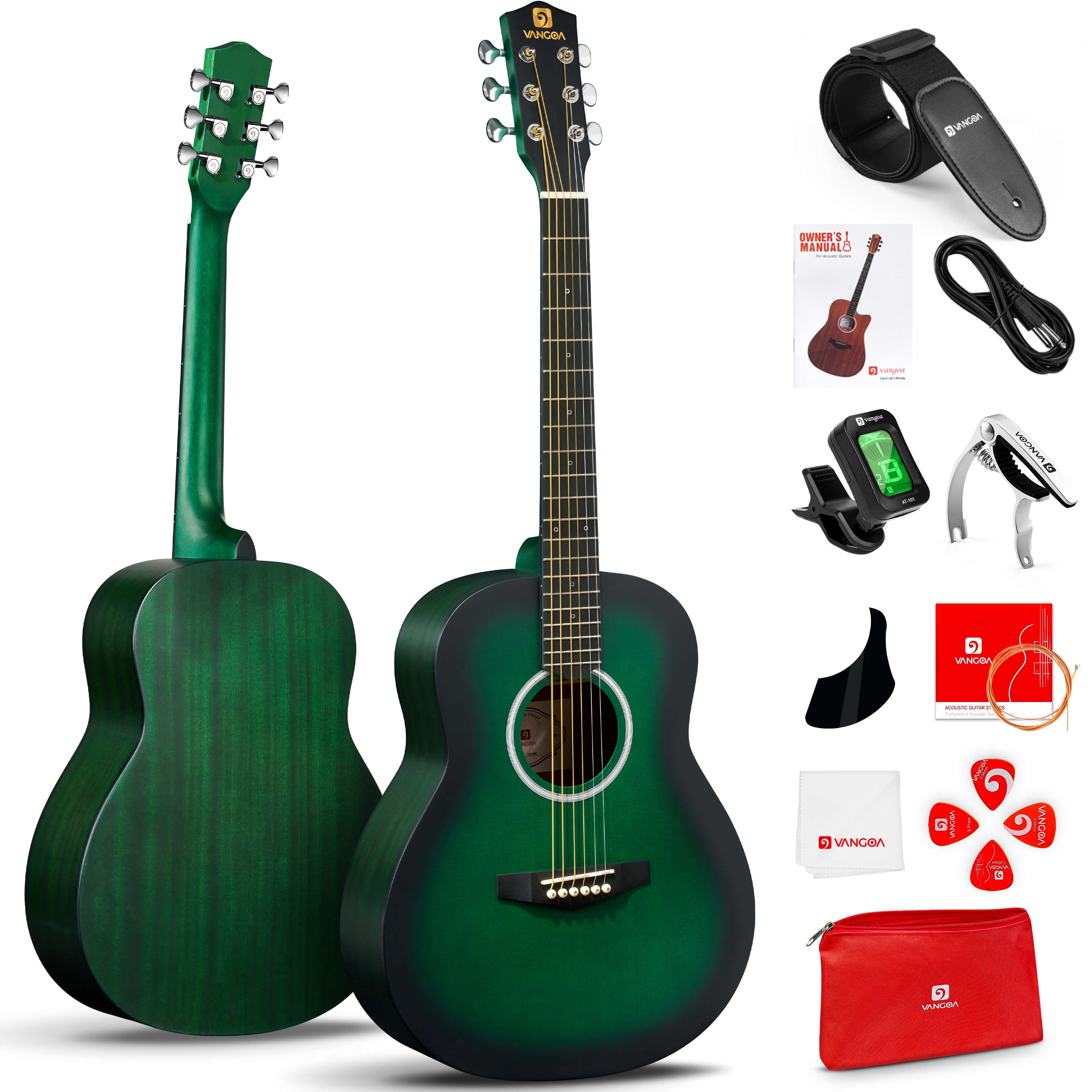 Kit de guitare acoustique Vangoa 3/4 taille junior, 91 cm, guitare de voyage de concert tout en bois avec pack de démarrage pour enfants, débutants, adultes, adolescents, droitiers, vert mat