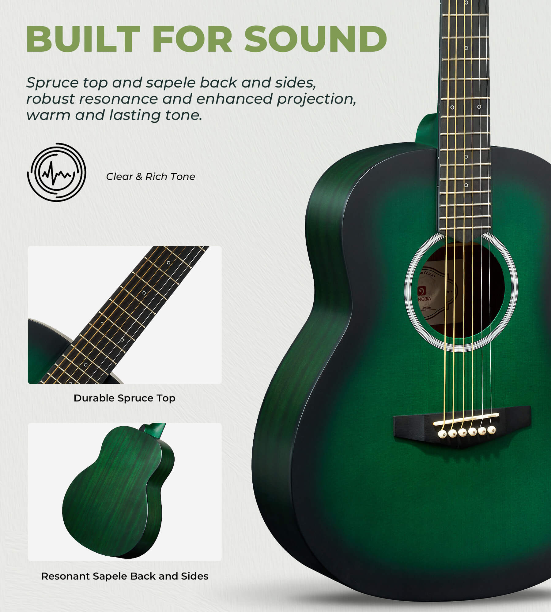 Kit de guitare acoustique Vangoa 3/4 taille junior, 91 cm, guitare de voyage de concert tout en bois avec pack de démarrage pour enfants, débutants, adultes, adolescents, droitiers, vert mat