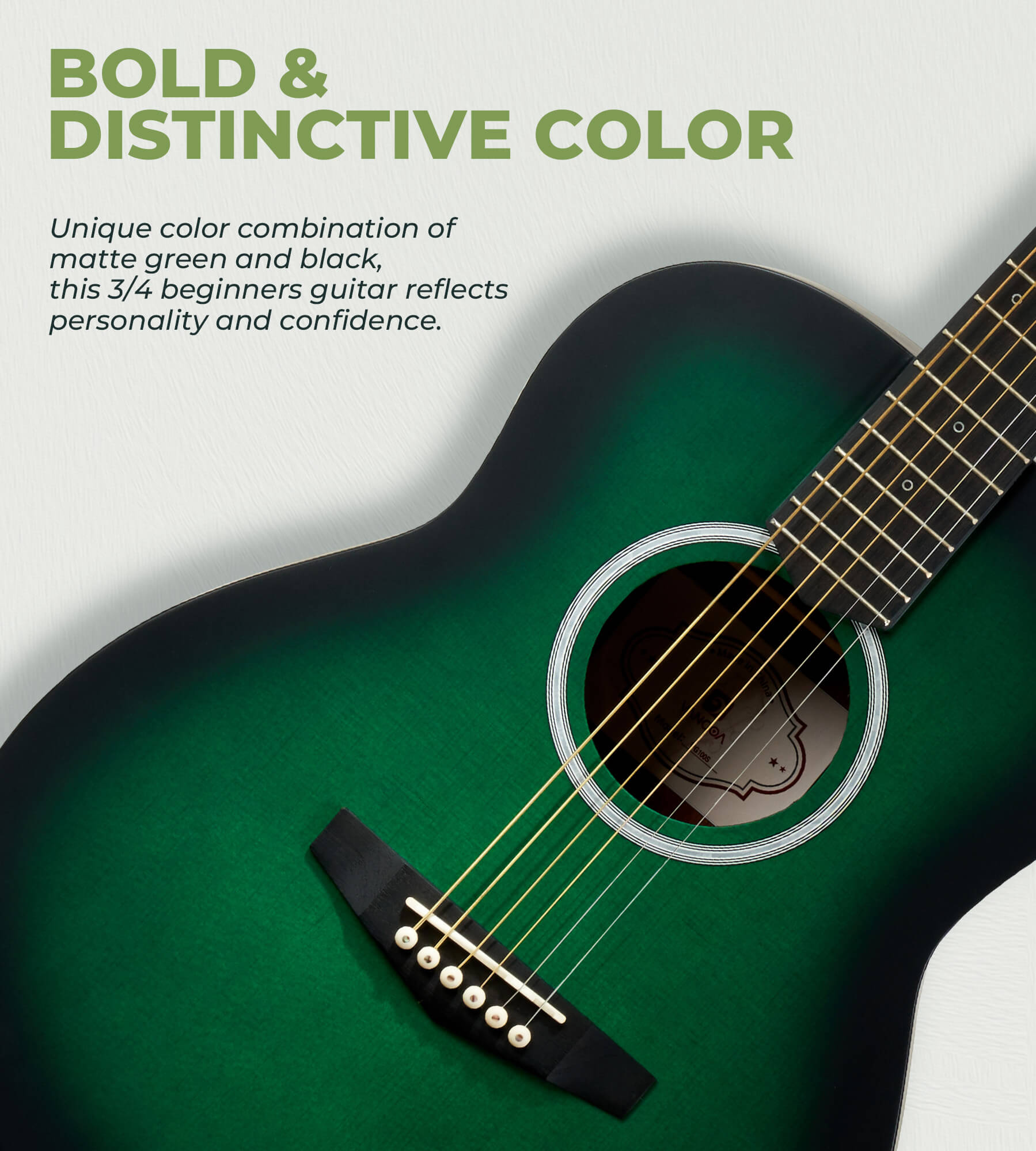Kit de guitare acoustique Vangoa 3/4 taille junior, 91 cm, guitare de voyage de concert tout en bois avec pack de démarrage pour enfants, débutants, adultes, adolescents, droitiers, vert mat