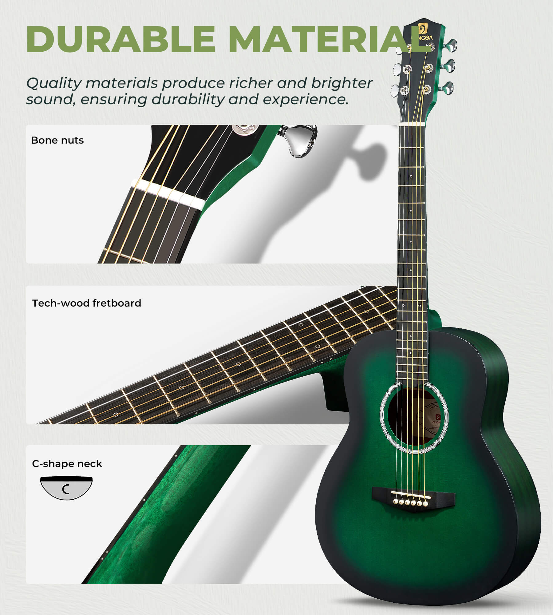 Kit de guitare acoustique Vangoa 3/4 taille junior, 91 cm, guitare de voyage de concert tout en bois avec pack de démarrage pour enfants, débutants, adultes, adolescents, droitiers, vert mat