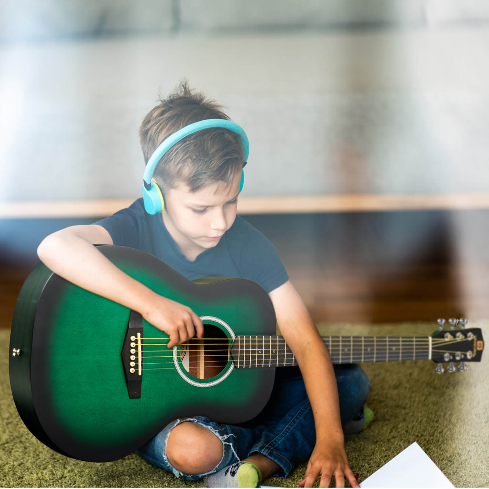 Kit de guitare acoustique Vangoa 3/4 taille junior, 91 cm, guitare de voyage de concert tout en bois avec pack de démarrage pour enfants, débutants, adultes, adolescents, droitiers, vert mat