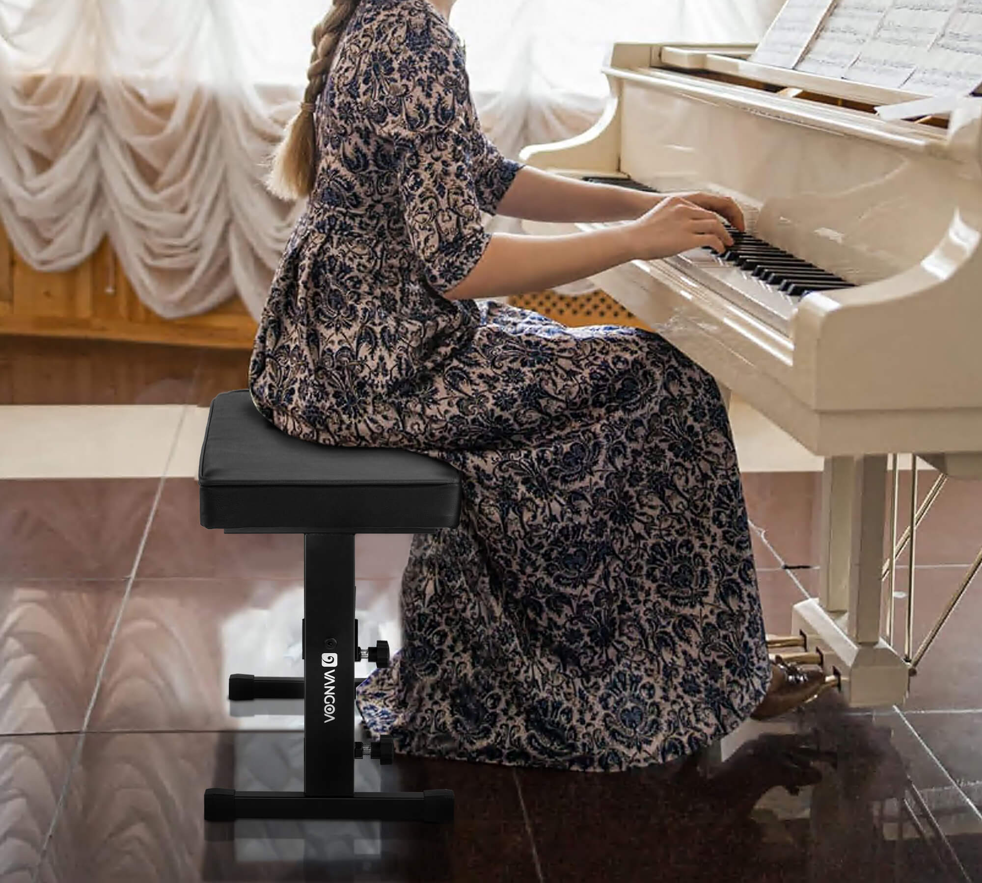 Banc de piano réglable Vangoa, siège pour clavier de musique avec coussin rembourré noir, tabouret de piano robuste en cuir PU, PB-1