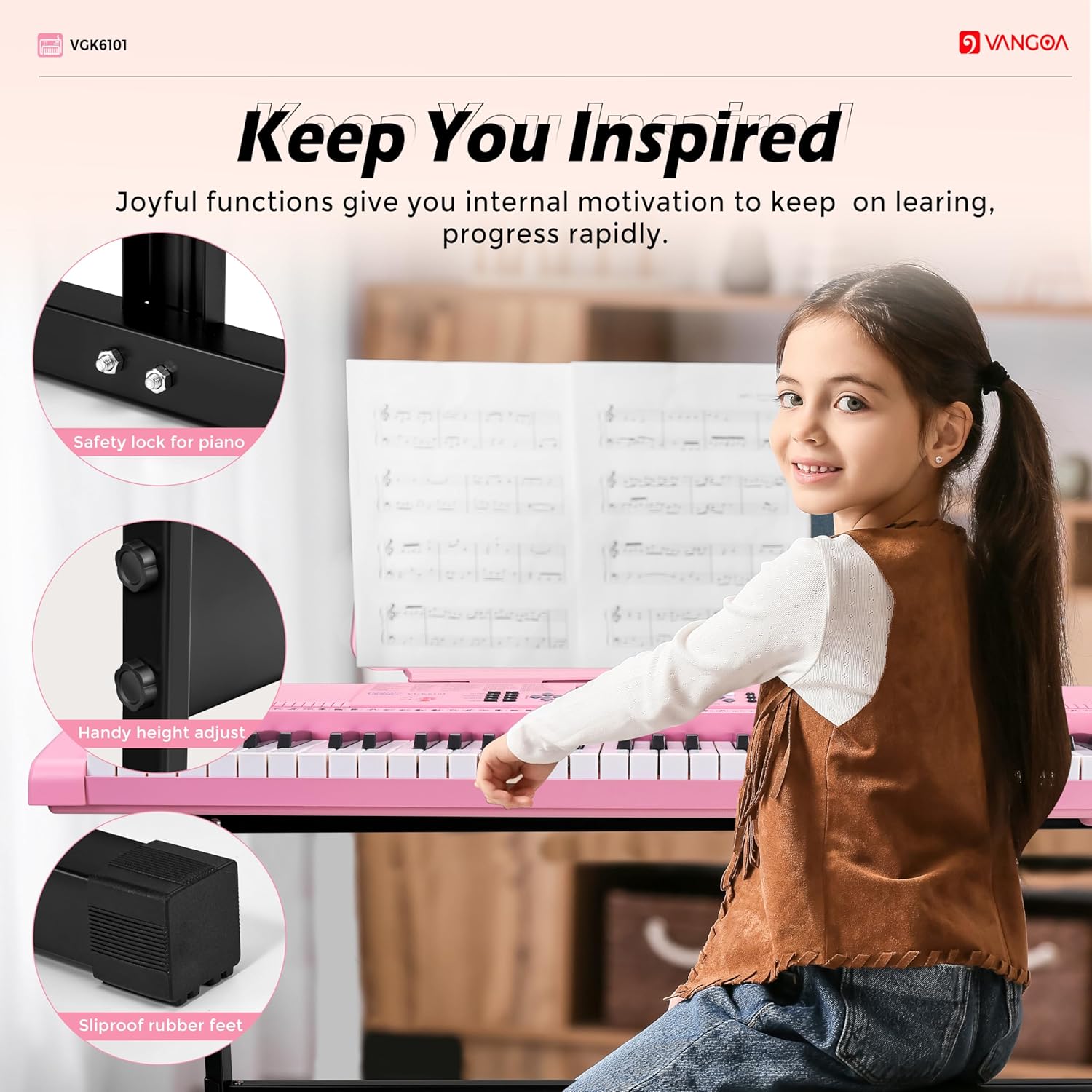 Vangoa VGK6101 Clavier piano rose 61 touches, kit de clavier électrique portable pour enfants et étudiants avec microphone, 600 sonorités, 400 rythmes, 50 démos, cadeau pour débutants