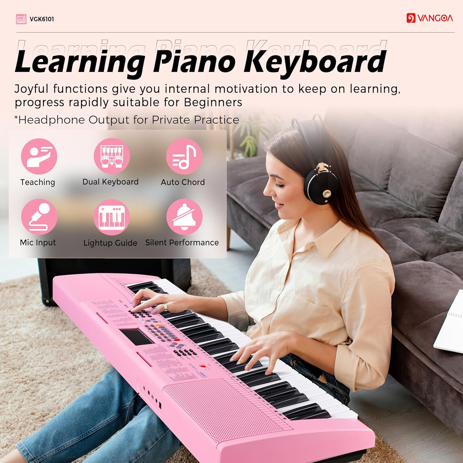 Vangoa VGK6101 Clavier piano rose 61 touches, kit de clavier électrique portable pour enfants et étudiants avec microphone, 600 sonorités, 400 rythmes, 50 démos, cadeau pour débutants