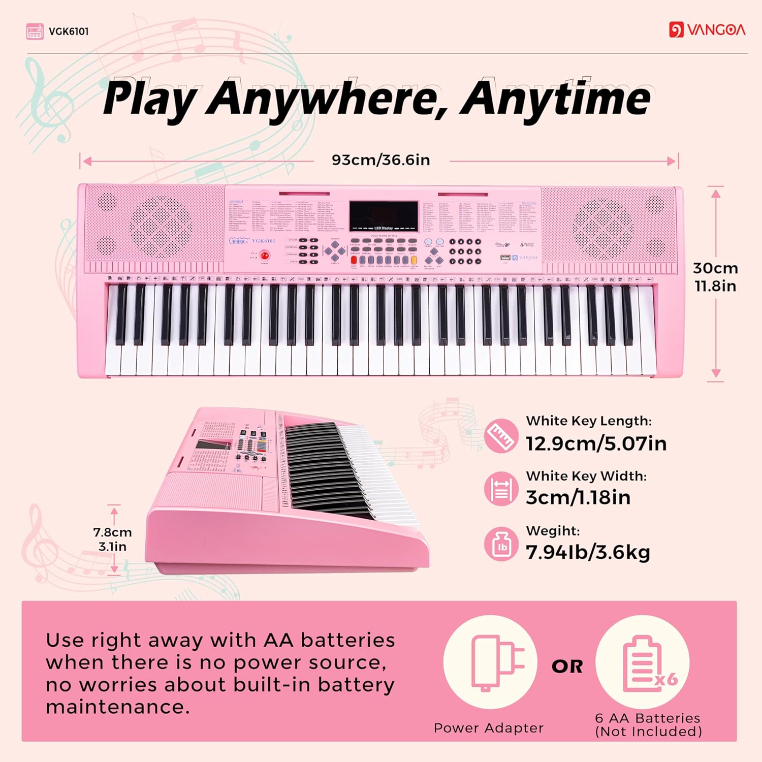 Vangoa VGK6101 Clavier piano rose 61 touches, kit de clavier électrique portable pour enfants et étudiants avec microphone, 600 sonorités, 400 rythmes, 50 démos, cadeau pour débutants