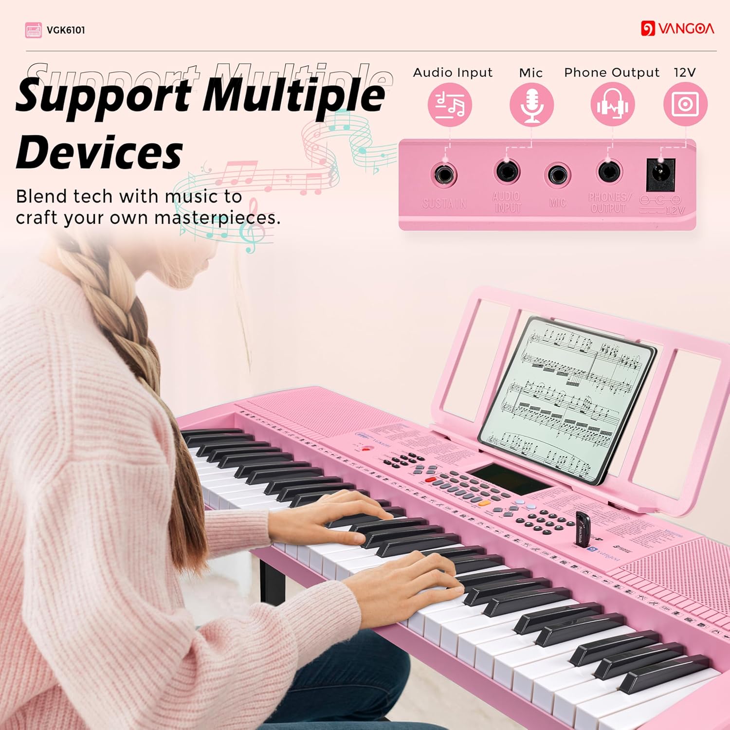 Vangoa VGK6101 Clavier piano rose 61 touches, kit de clavier électrique portable pour enfants et étudiants avec microphone, 600 sonorités, 400 rythmes, 50 démos, cadeau pour débutants