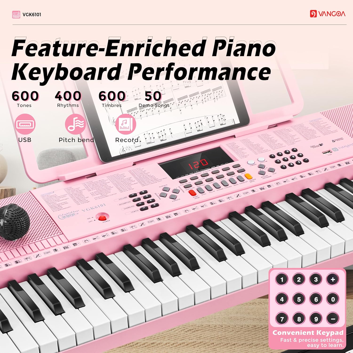 Vangoa VGK6101 Clavier piano rose 61 touches, kit de clavier électrique portable pour enfants et étudiants avec microphone, 600 sonorités, 400 rythmes, 50 démos, cadeau pour débutants