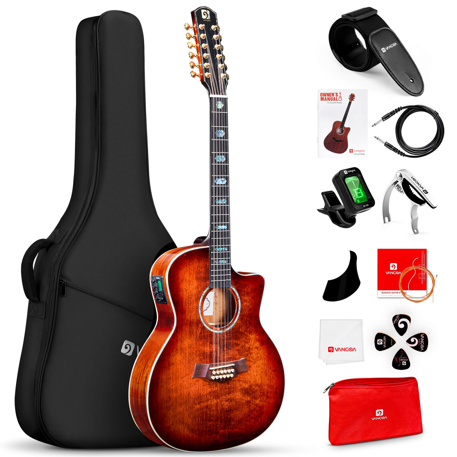 Vangoa VEG120 Pro 12-saitige Gitarre aus Massivholz, zwölfsaitiges Akustik-E-Gitarren-Set mit hochwertiger Fichtendecke, Mahagonikorpus, verbessertem EQ