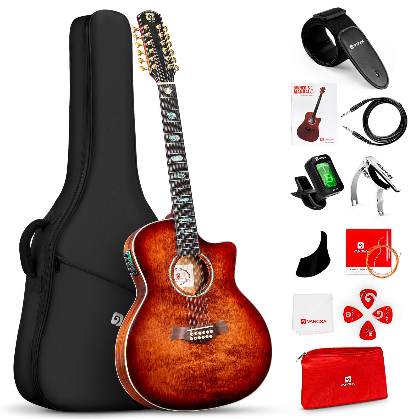 Vangoa VEG120 Pro 12-saitige Gitarre aus Massivholz, zwölfsaitiges Akustik-E-Gitarren-Set mit hochwertiger Fichtendecke, Mahagonikorpus, verbessertem EQ