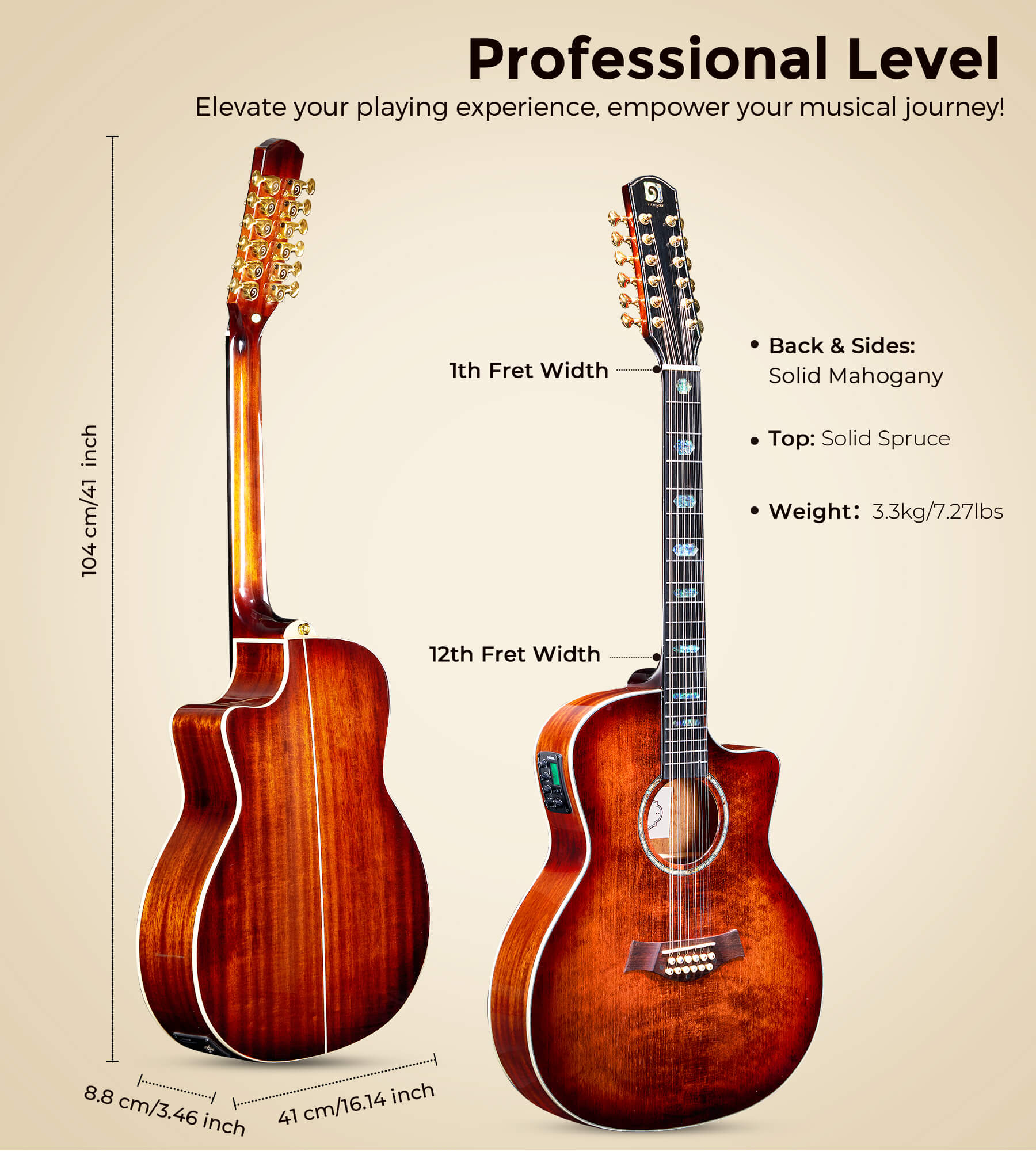 Vangoa VEG120 Pro 12-saitige Gitarre aus Massivholz, zwölfsaitiges Akustik-E-Gitarren-Set mit hochwertiger Fichtendecke, Mahagonikorpus, verbessertem EQ