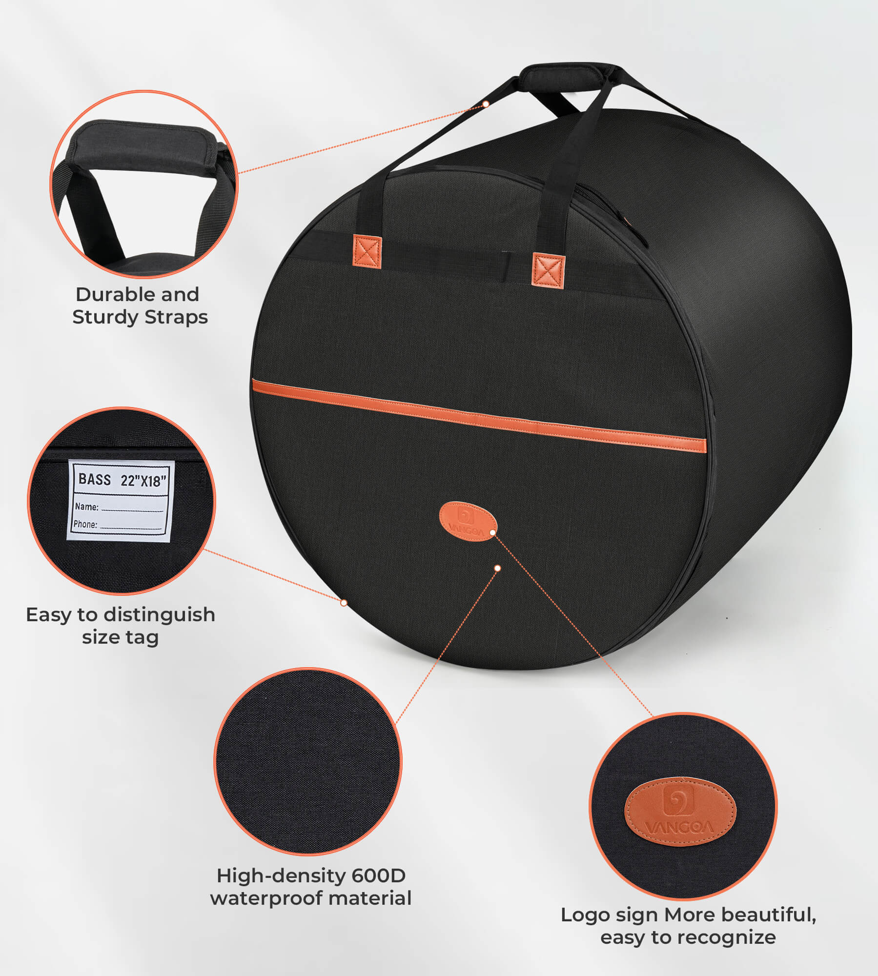 Housse de transport Vangoa VGB-1 5 pièces pour batteries standard, étuis de transport épais pour toms 12", 10", caisse claire 14", tom basse 16", grosse caisse 22".
