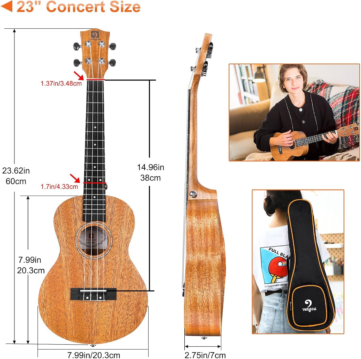 Ukulélé de concert Vangoa pour débutants, ukulélé acajou de 23 pouces pour adultes débutants avec kit complet, ukulélé hawaïen pour enfants, ukulélé acoustique professionnel de 23 pouces pour adultes débutants