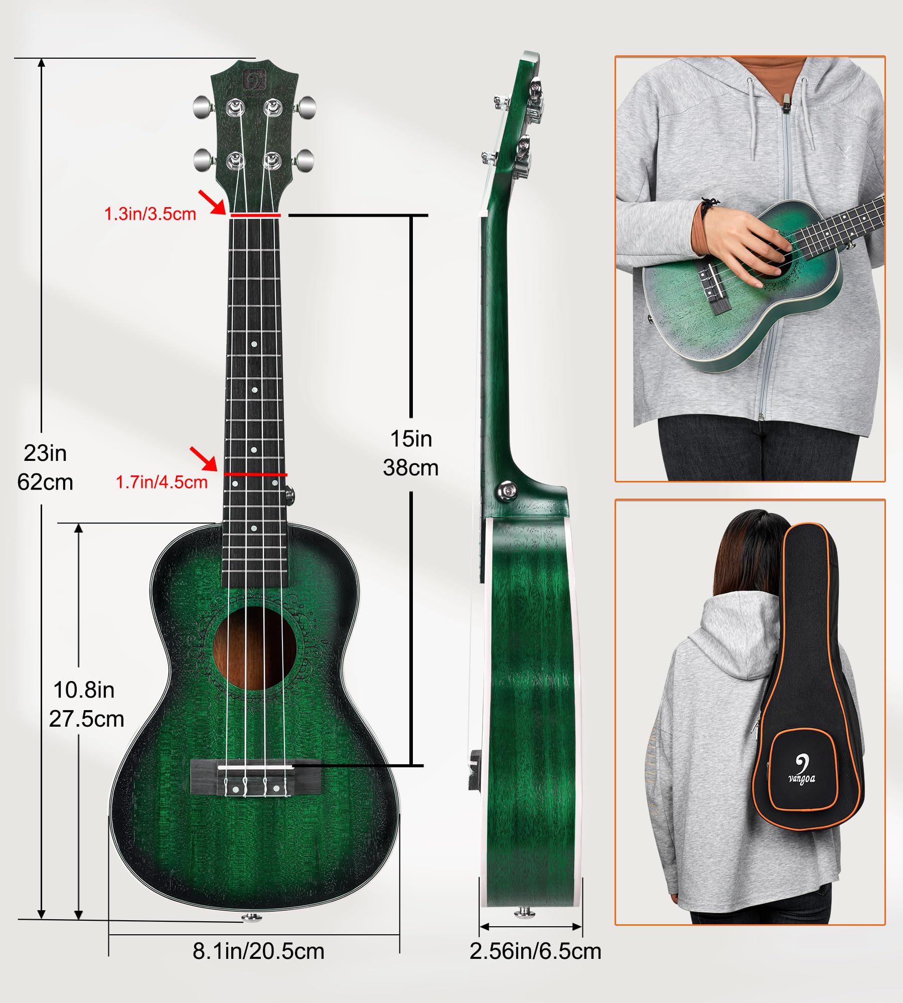 Vangoa Konzert-Ukulele, professionell, 58,4 cm, Mahagoni-Ukulele für Erwachsene, Anfänger, Studenten, Kinder, Ukulele-Paket, Hawaii-Holz-Ukulele, Vier-Saiten-Ukulele-Starter-Set