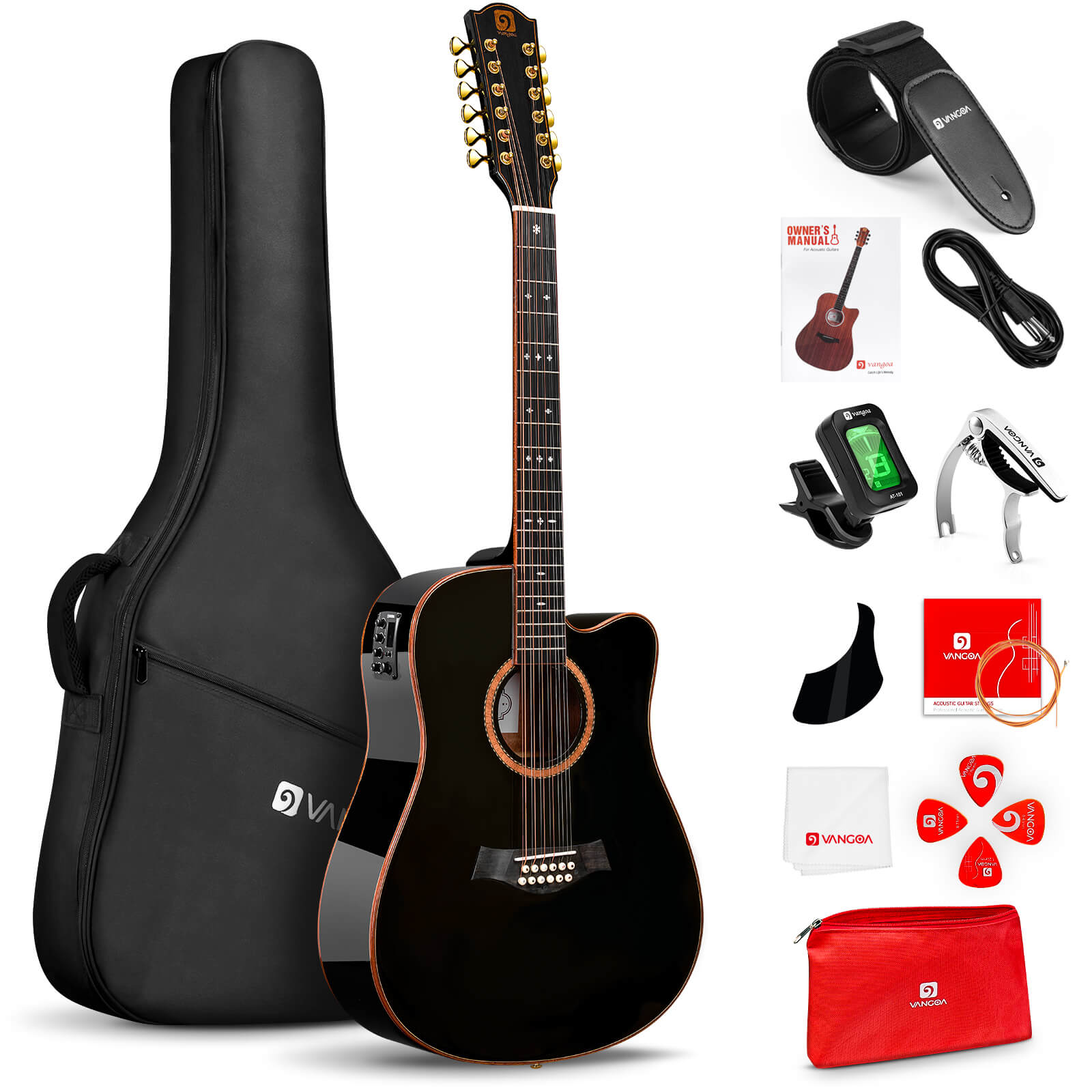 Vangoa DG120 Pro Advanced 12-saitige Gitarre, 12-saitige Gitarre in voller Größe, akustisch-elektrische 4-Band-EQ-Elektroakustikgitarre