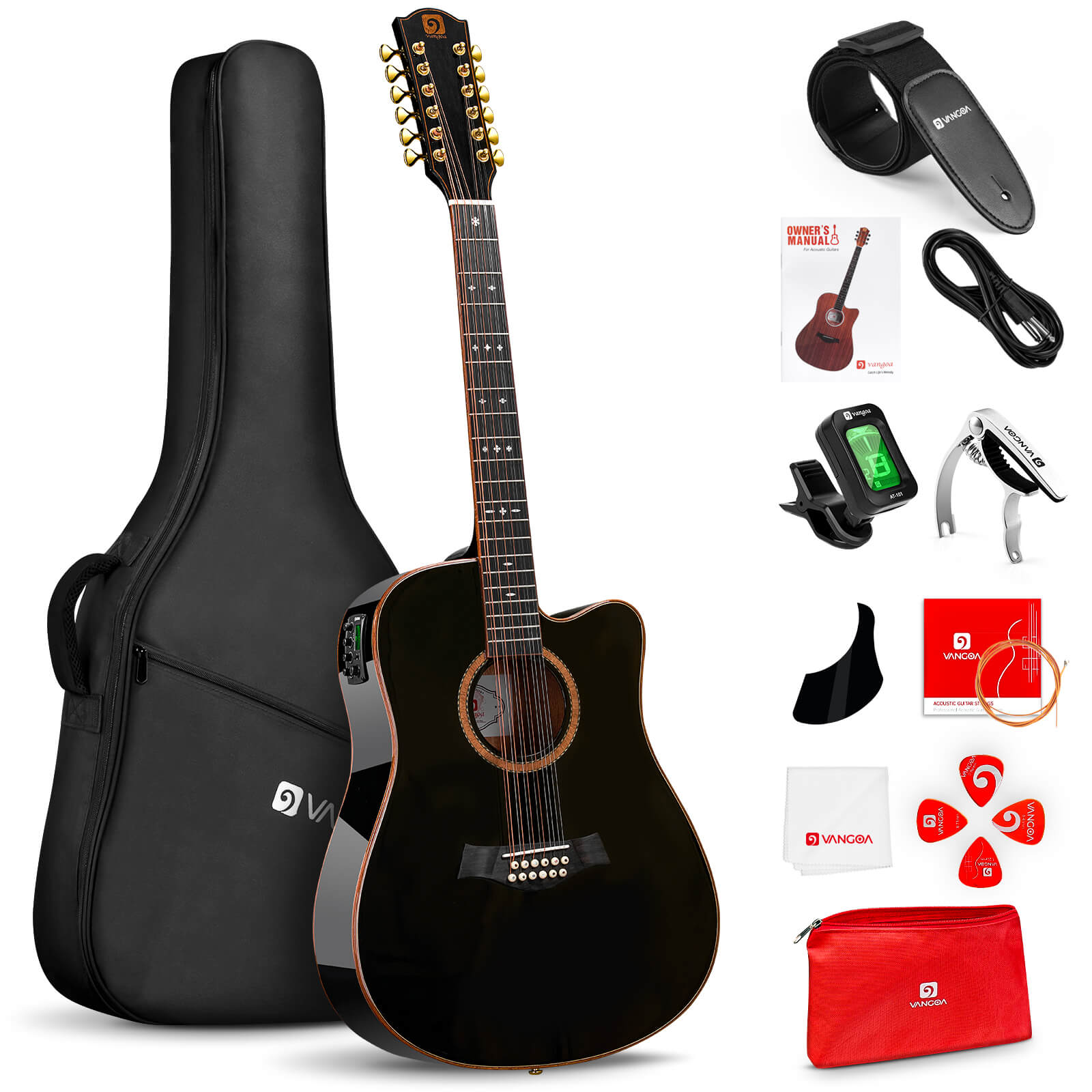 Vangoa DG120 Pro Advanced 12-saitige Gitarre, 12-saitige Gitarre in voller Größe, akustisch-elektrische 4-Band-EQ-Elektroakustikgitarre