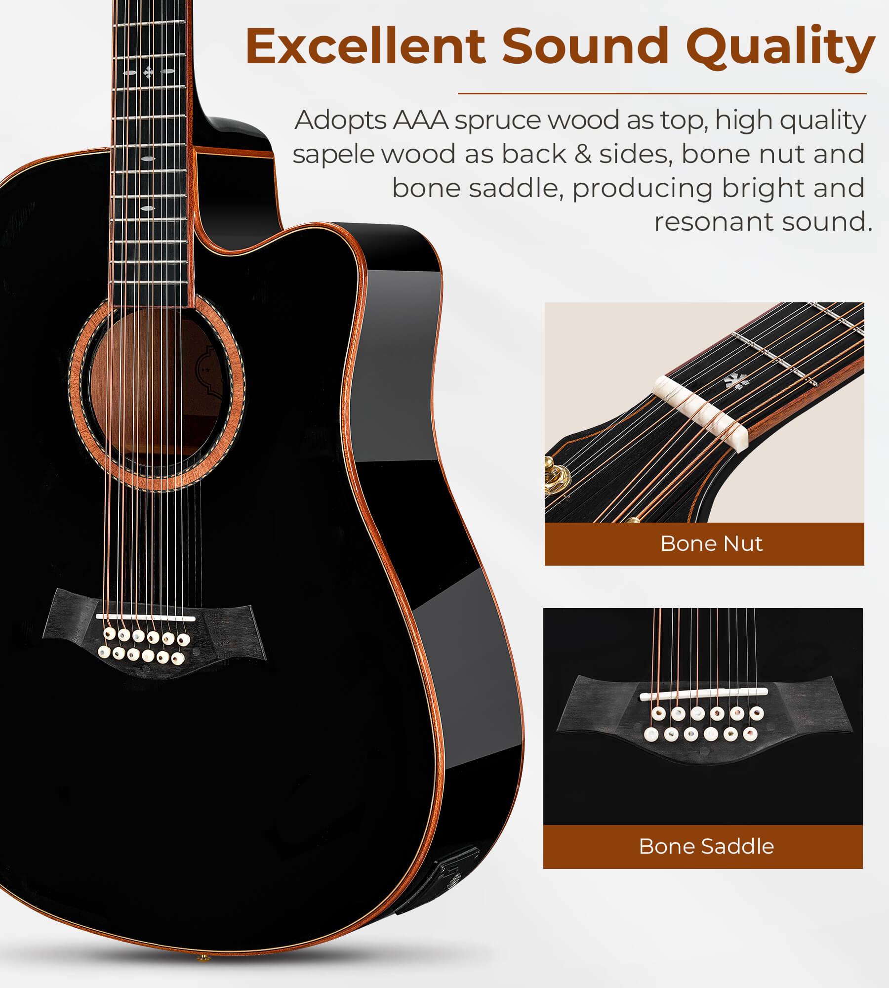 Vangoa DG120 Pro Advanced 12-saitige Gitarre, 12-saitige Gitarre in voller Größe, akustisch-elektrische 4-Band-EQ-Elektroakustikgitarre