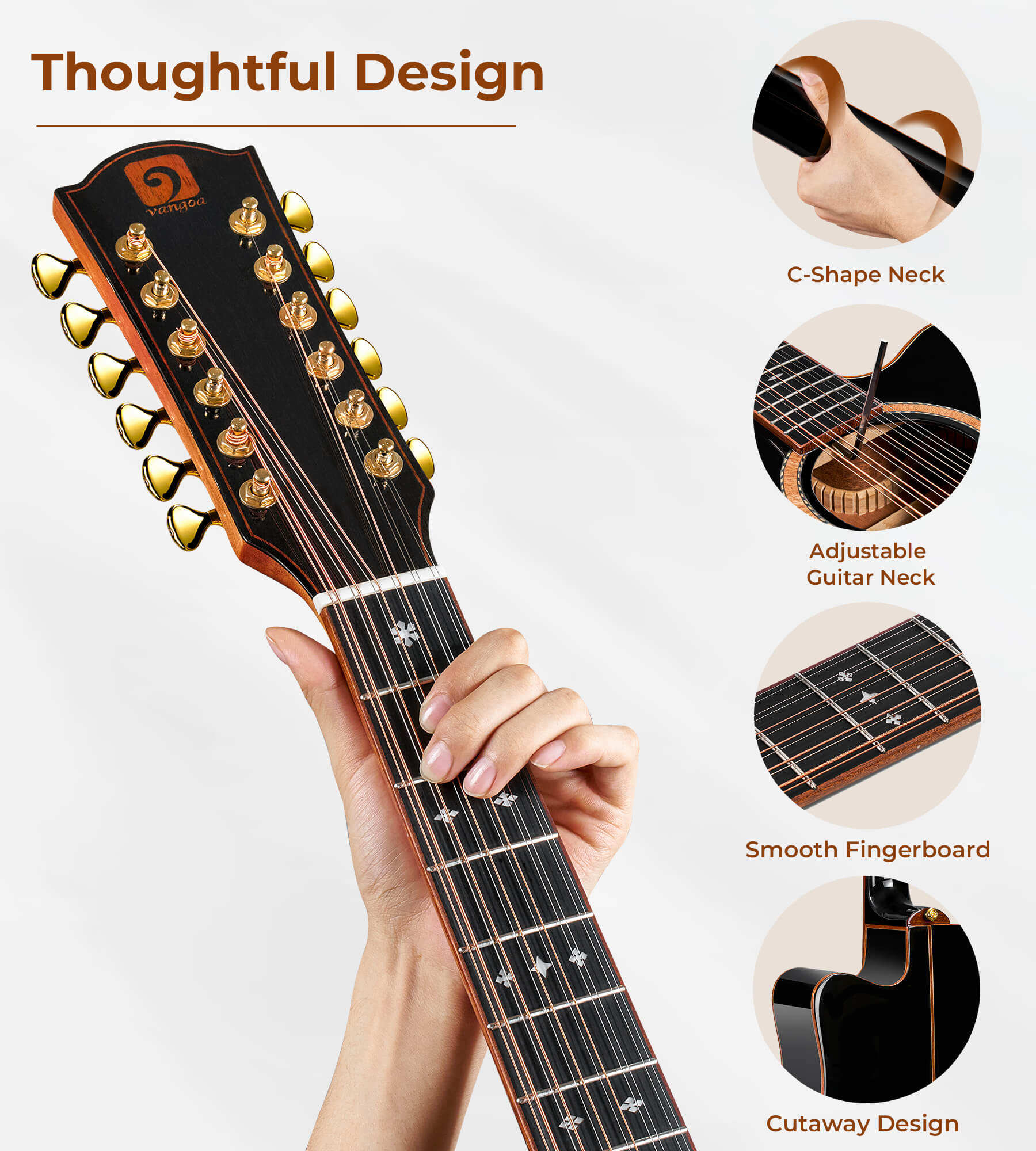 Vangoa DG120 Pro Advanced 12-saitige Gitarre, 12-saitige Gitarre in voller Größe, akustisch-elektrische 4-Band-EQ-Elektroakustikgitarre