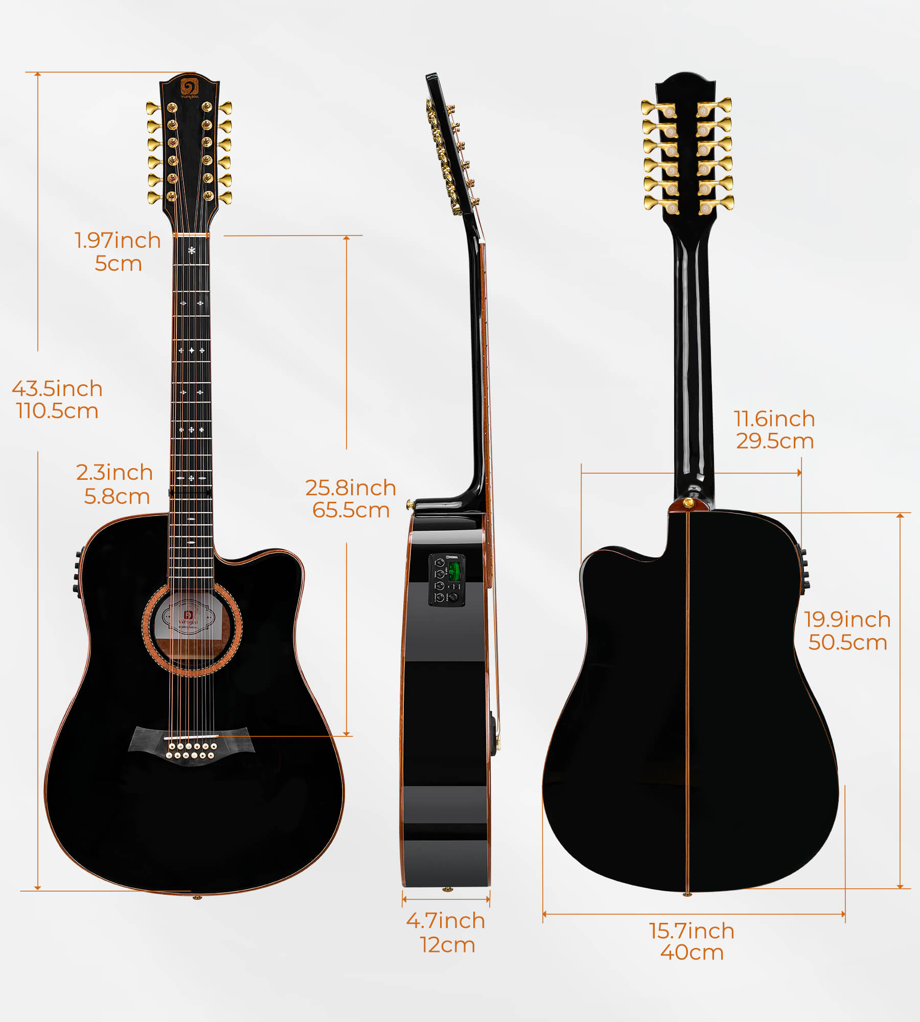 Vangoa DG120 Pro Advanced 12-saitige Gitarre, 12-saitige Gitarre in voller Größe, akustisch-elektrische 4-Band-EQ-Elektroakustikgitarre