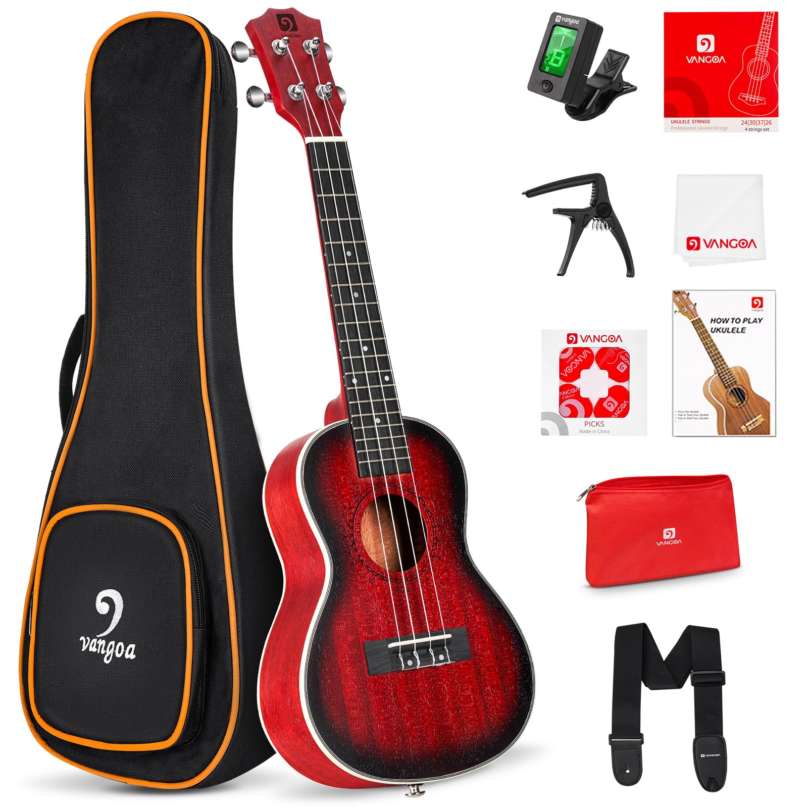 Vangoa Konzert-Ukulele, professionell, 58,4 cm, Mahagoni-Ukulele für Erwachsene, Anfänger, Studenten, Kinder, Ukulele-Paket, Hawaii-Holz-Ukulele, Vier-Saiten-Ukulele-Starter-Set