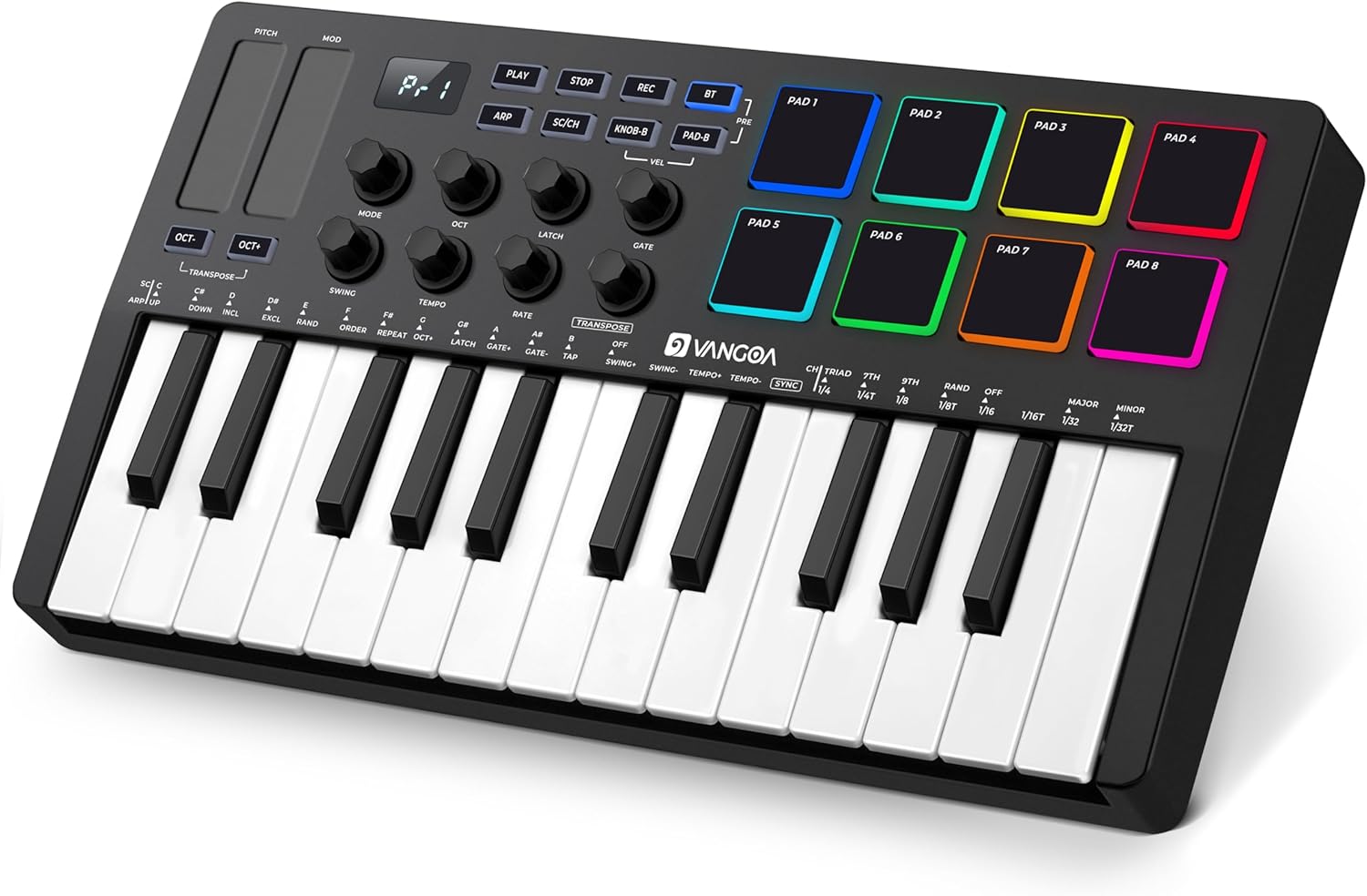 Vangoa 25 Keys Midi Keyboard Controller, Mini Portable Beat Maker Machine with Backlit Drum Pads, 8 Knoks, 8 RGB Beating Pad for Music Production, Velocity Sensitive, LED Display, Arpeggiator, Black - Vangoa