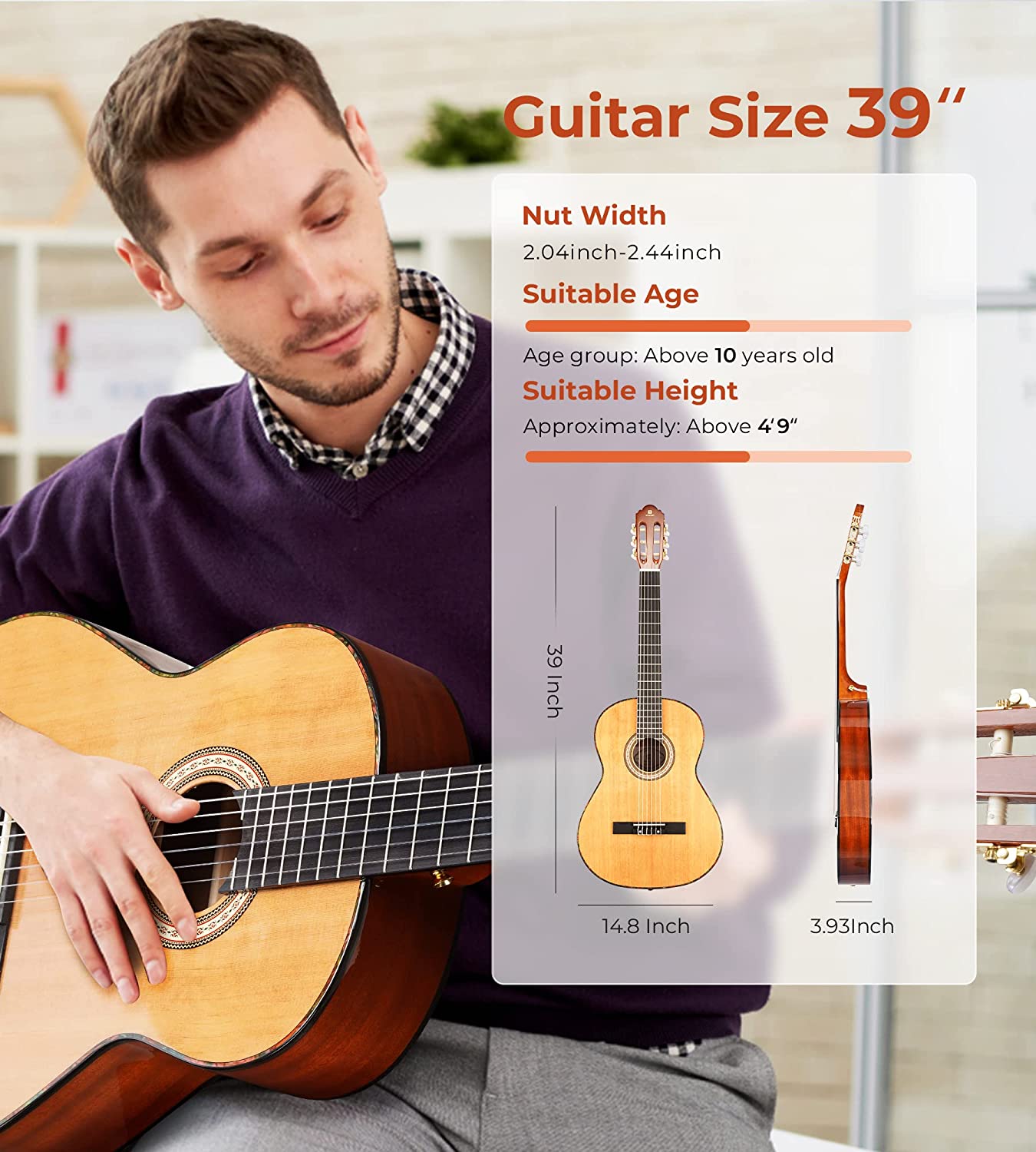 Vangoa Classical Guitar Full Size 4/4 Spanish Style Classical Guitarra, 39 Inch Nylon Strings Guitar Ideal for Beginner Adults, Solid Cedar Top - Vangoa
