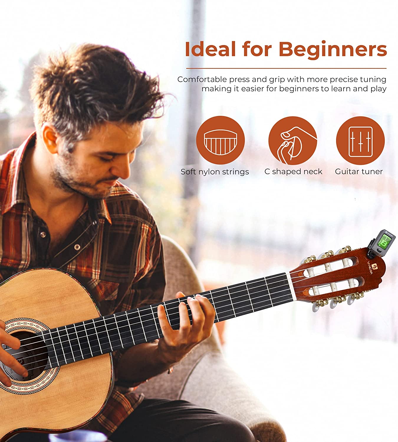 Vangoa Classical Guitar Full Size 4/4 Spanish Style Classical Guitarra, 39 Inch Nylon Strings Guitar Ideal for Beginner Adults, Solid Cedar Top - Vangoa