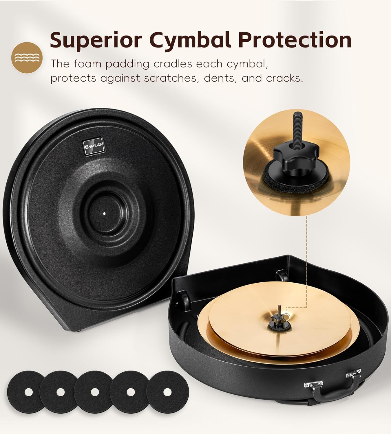 Vangoa Cymbal Case with Wheels and Pull Handle, Rolling Cymbal Vault with Padded Dividers Fits Up to 22" Cymbals (PE - 22), Black - Vangoa
