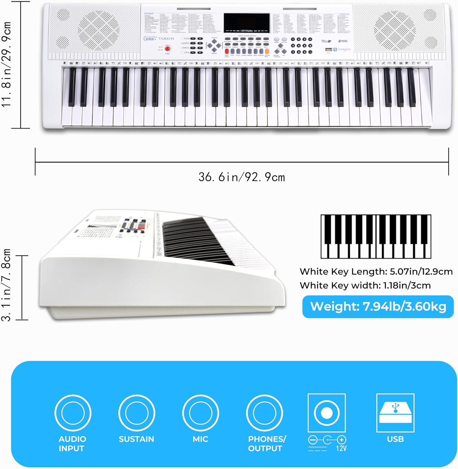 Vangoa Piano Keyboard for Beginners, VGK6101 61 Key Learning Keyboard Piano w/Lighted Keys, Electric Piano Keyboard with 600 Voices & 50 Demos, Stand/Microphone, USB, Record, Split for Students - Vangoa