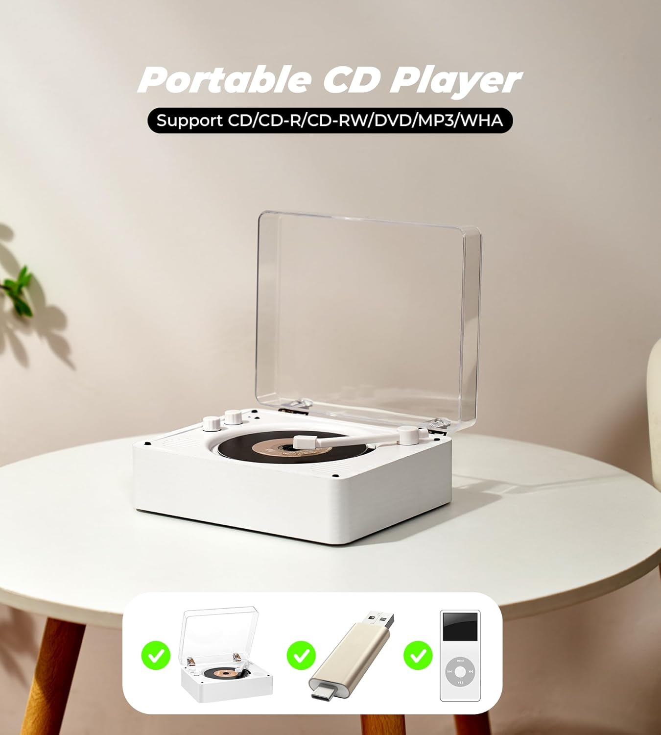 Vangoa Portable Mini CD Player with HiFi Speaker, USB Playback, Rechargeable Battery, Dual 3.5mm Headphone Jacks, and AUX Audio Input - Vangoa