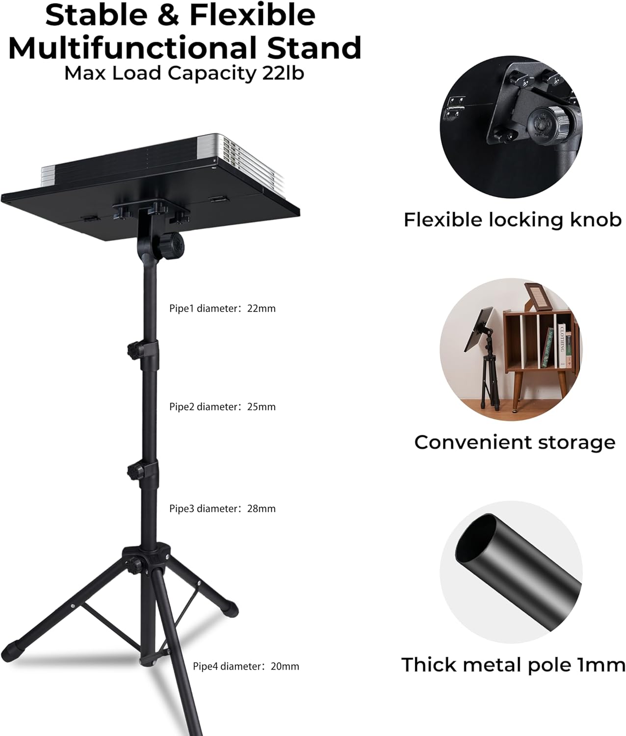 Vangoa Projector Stand Tripod Music Stand Adjustable Height 23.6" to 51.2" with Violin Hook, Multi - Function Stand - Vangoa