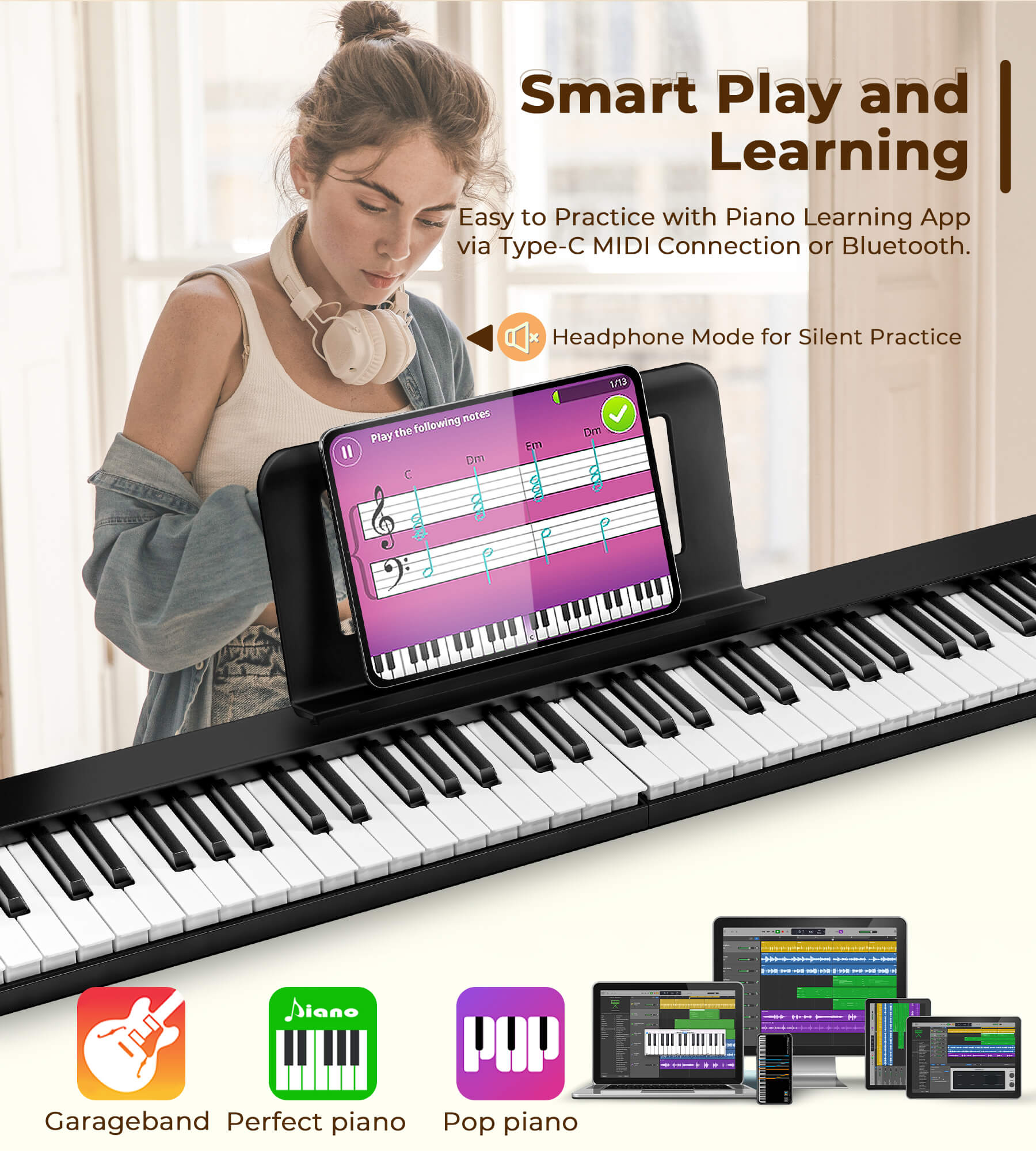 Vangoa VDP800 Portable Piano Keyboard, Folding Piano 88 Key Full Size Electric Keyboard Piano with MIDI Bluetooth, Foldable Piano Travel set with Headphones Carry - Bag for Adults, Beginners, Kids - Vangoa