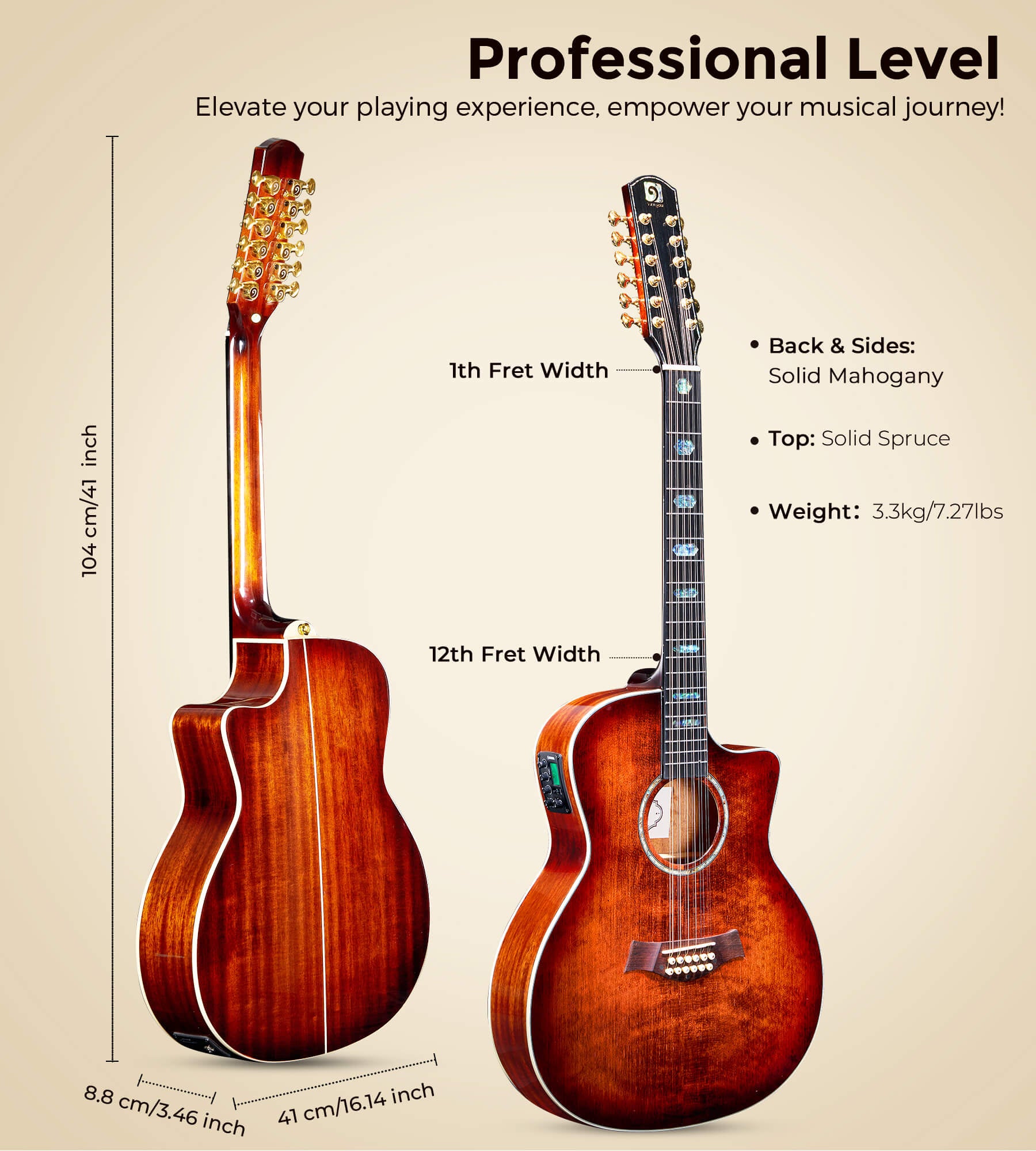 Vangoa VEG120 Pro 12 - string solid wood guitar, 12 - string acoustic - electric guitar set - Vangoa