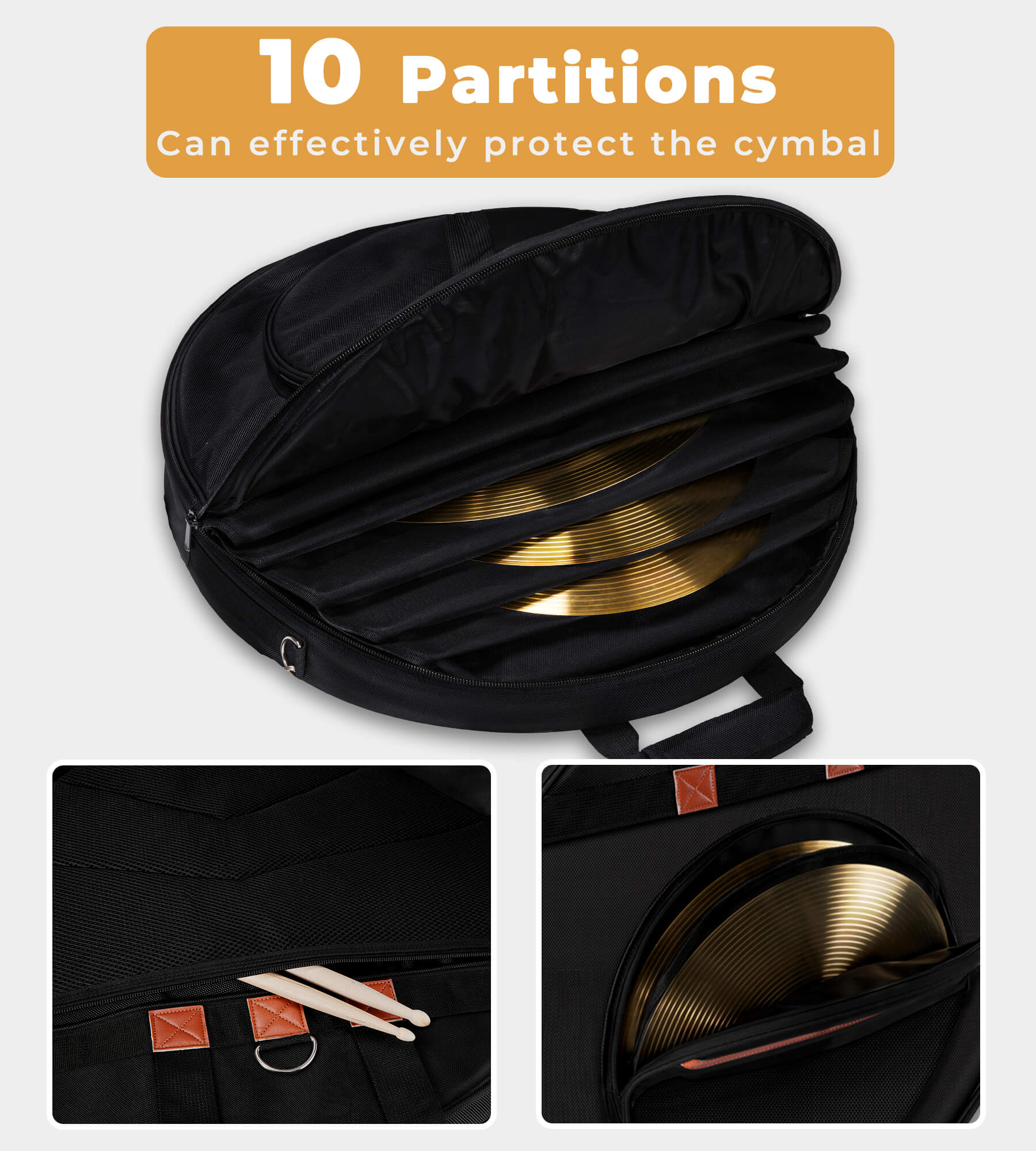 Vangoa 22" Cymbal Bag VGB-1 with Dividers, 10 Cymbal Cases, 10mm Thick Cymbal Gig Bag