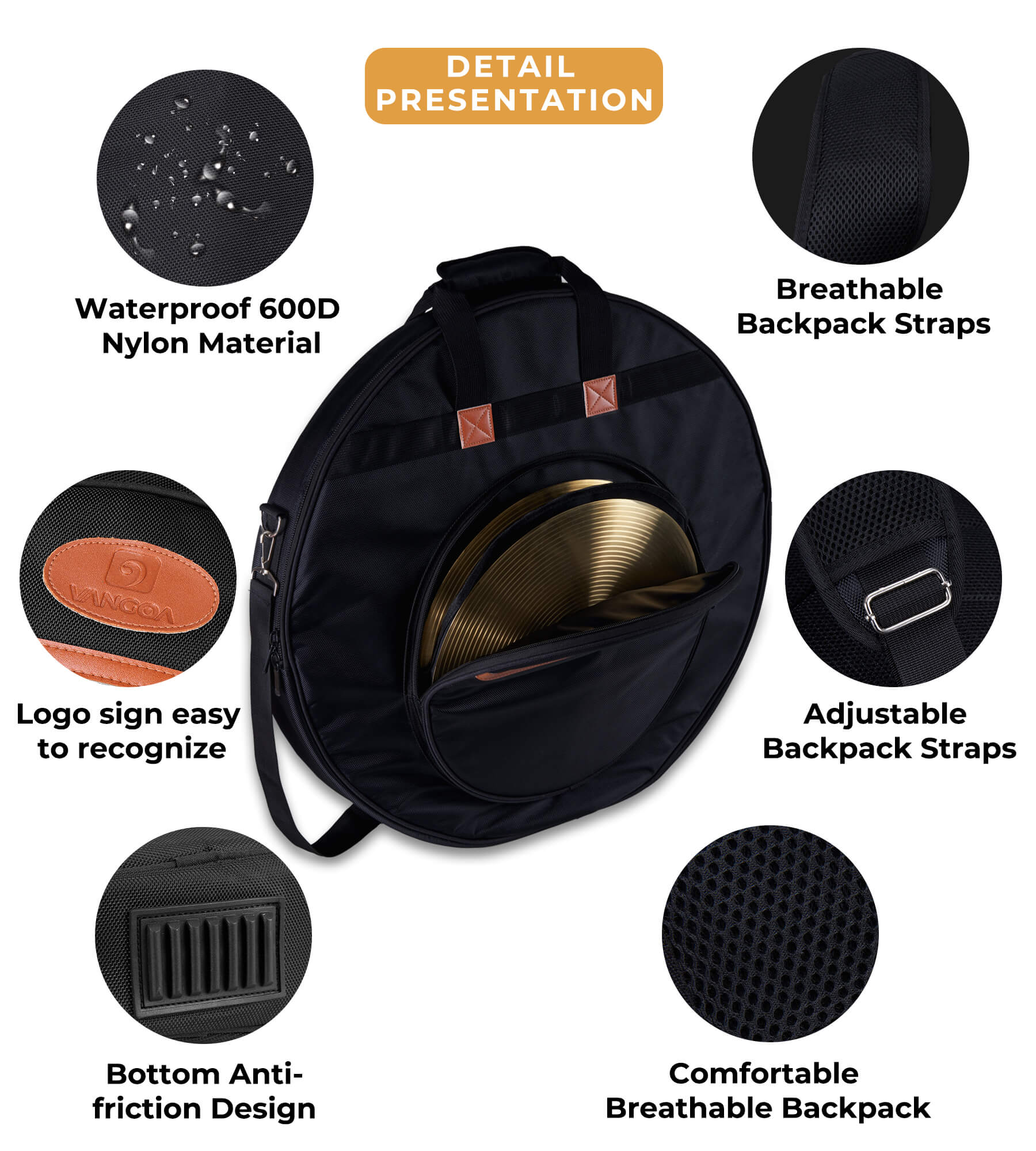 Vangoa 22" Cymbal Bag VGB-1 with Dividers, 10 Cymbal Cases, 10mm Thick Cymbal Gig Bag