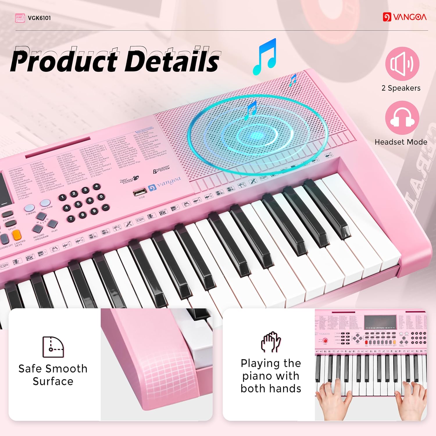 Vangoa VGK6101 Pink Piano Keyboard 61 Keys Electronic Keyboard Kit Portable Music Keyboard for Kids Students - Vangoa