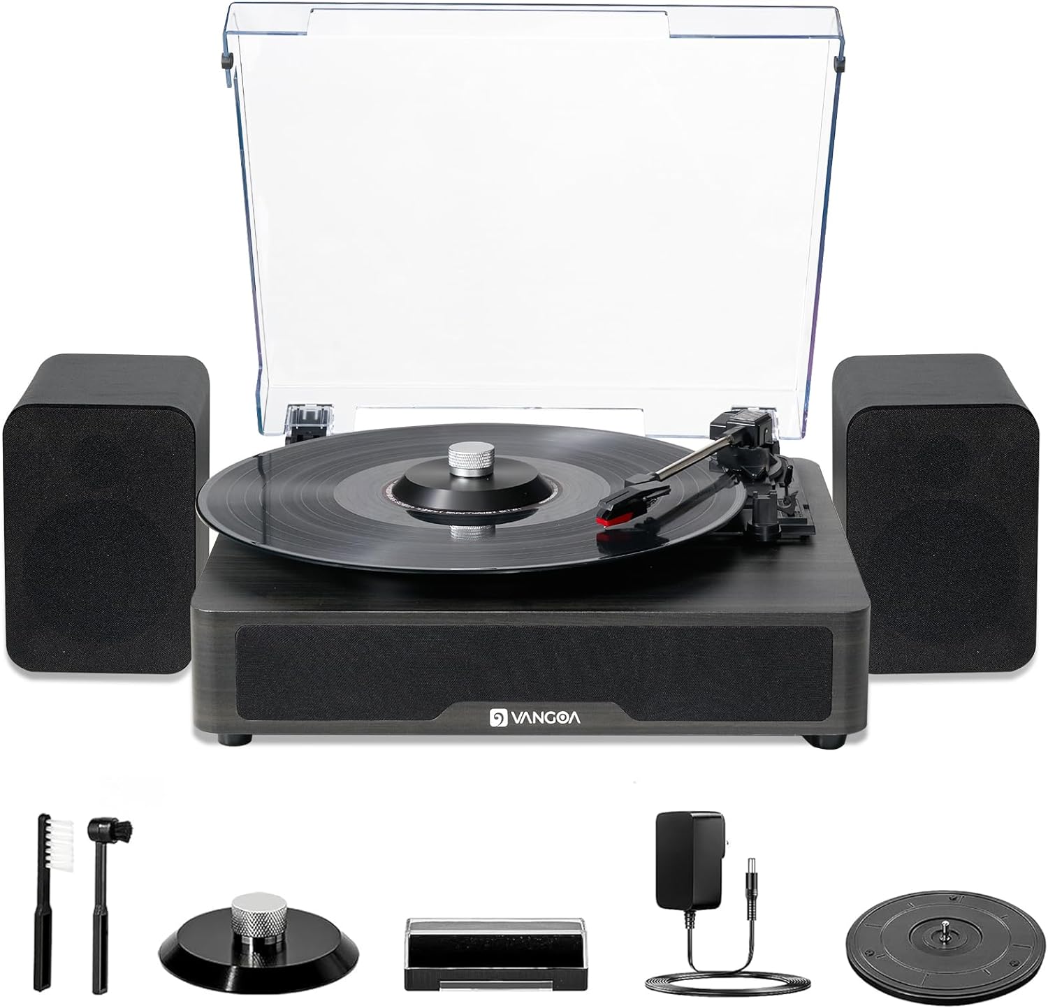 Vangoa Vinyl Record Player Turntable Bluetooth with 2 Stereo Speakers, 3 - Speed Belt - Driven Turntables for Vinyl Records Supports AUX - in, RCA Line, USB, Wireless Playback, Black - Vangoa