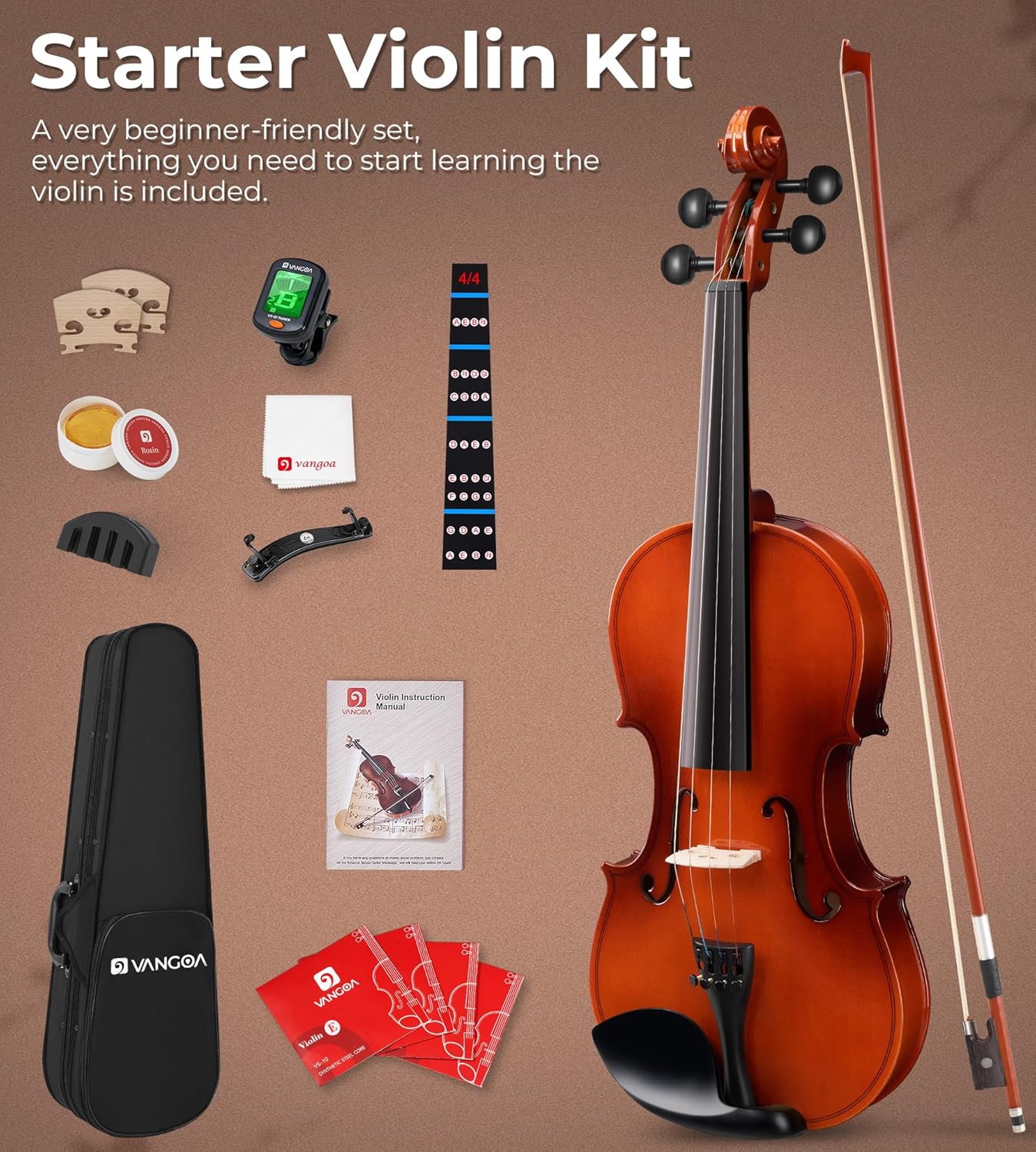 Vangoa Violin 4/4 Full Size Beginner Violin Set, Adult Beginner Children Teenager Student Acoustic Violin Set - Vangoa