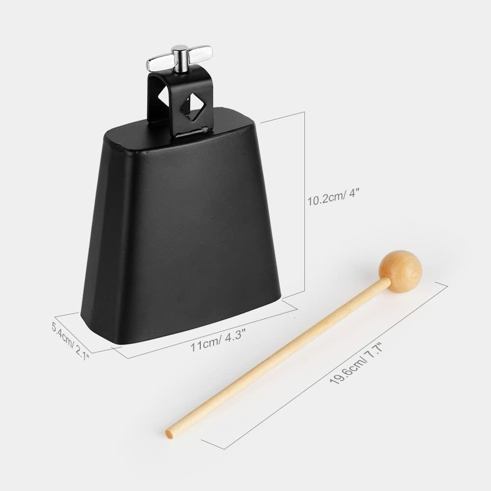 Cloche de vache Vangoa en acier métallique de 4 pouces avec bâton pour percussions de batterie