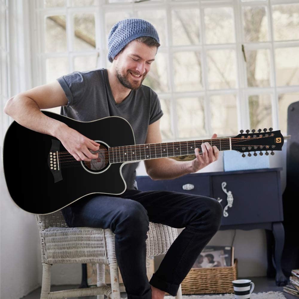Vangoa VGE12-2 12-saitige Gitarre, akustische elektrische Cutaway-Gitarre, Schwarz