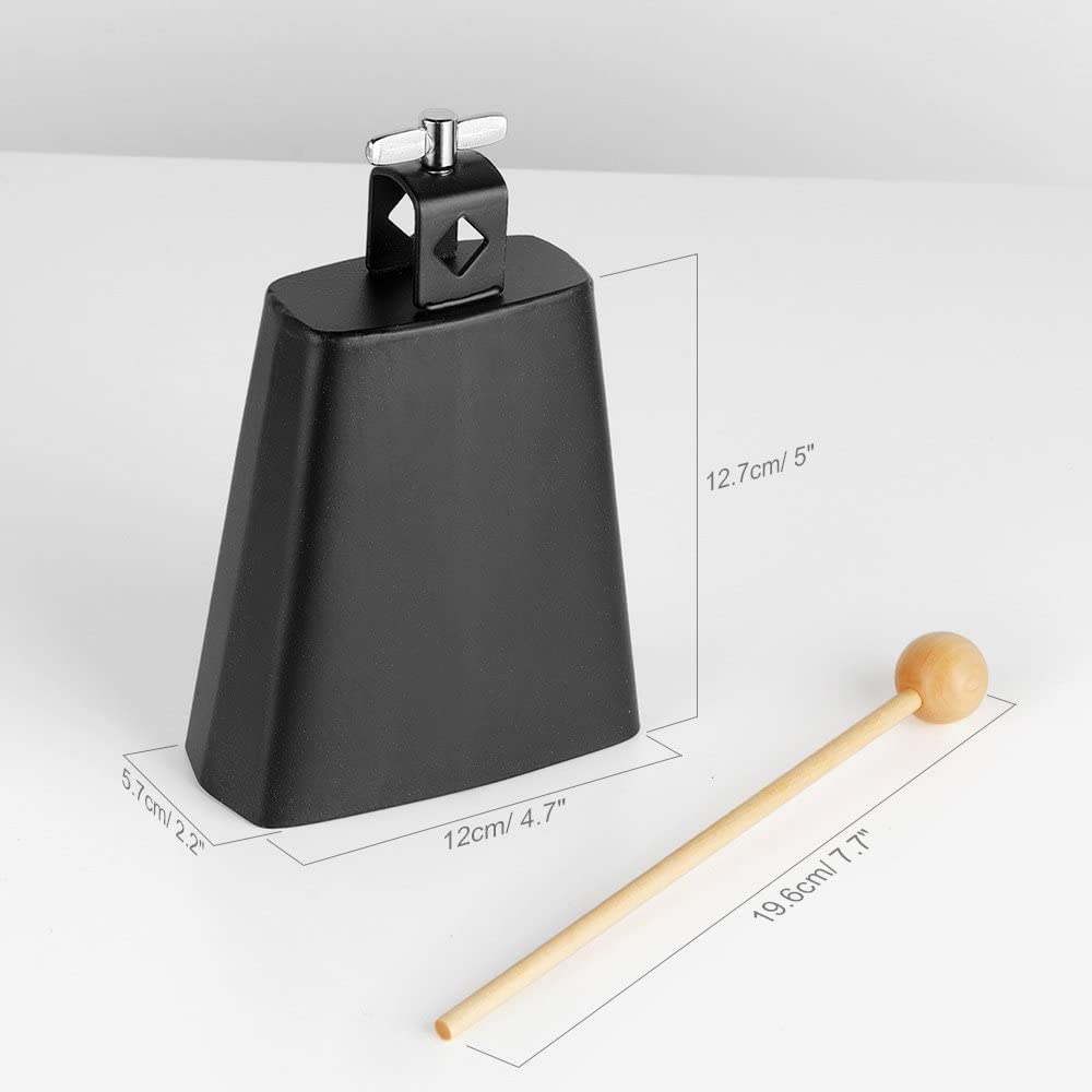 Cloche de vache Vangoa en acier métallique de 5 pouces avec bâton pour kit de percussions