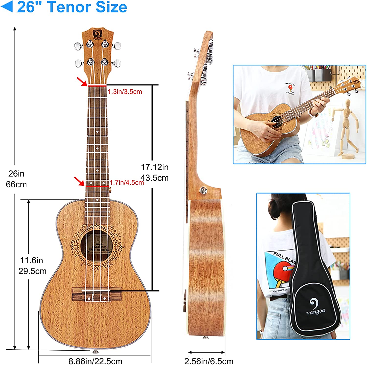 Ukulélé ténor professionnel Vangoa VU406 26 pouces en acajou, kit de démarrage à quatre cordes