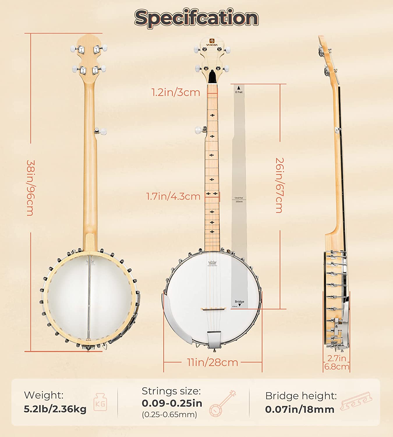 Vangoa Open Back Banjo 5 String Full size with Frosted Remo Head