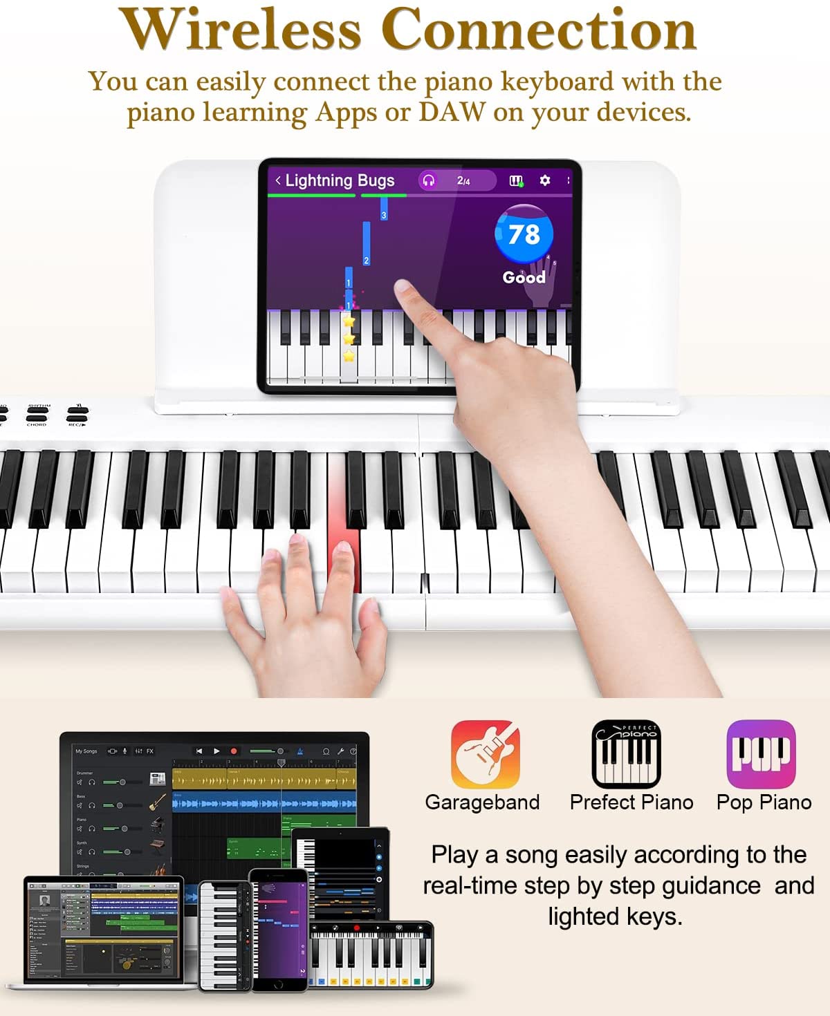 Vangoa VGD882 88 Keys Piano Keyboard Foldable Bluetooth Digital Piano with Lighted Keys Semi-Weighted Keyboard Piano, Rechargeable, Portable, White