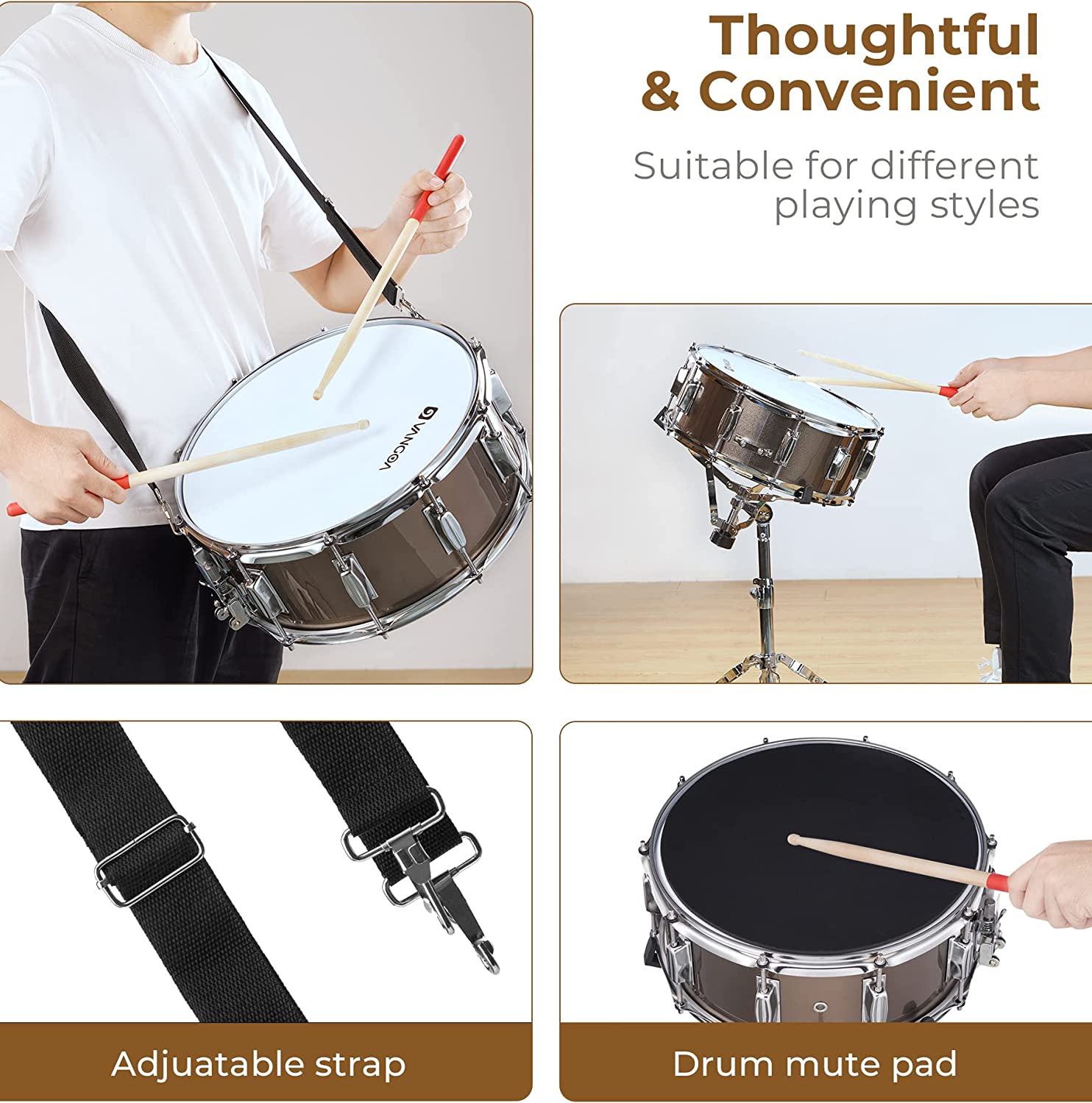 Vangoa Student Snare Drum Set with Stand Brown 14"X 5.5"