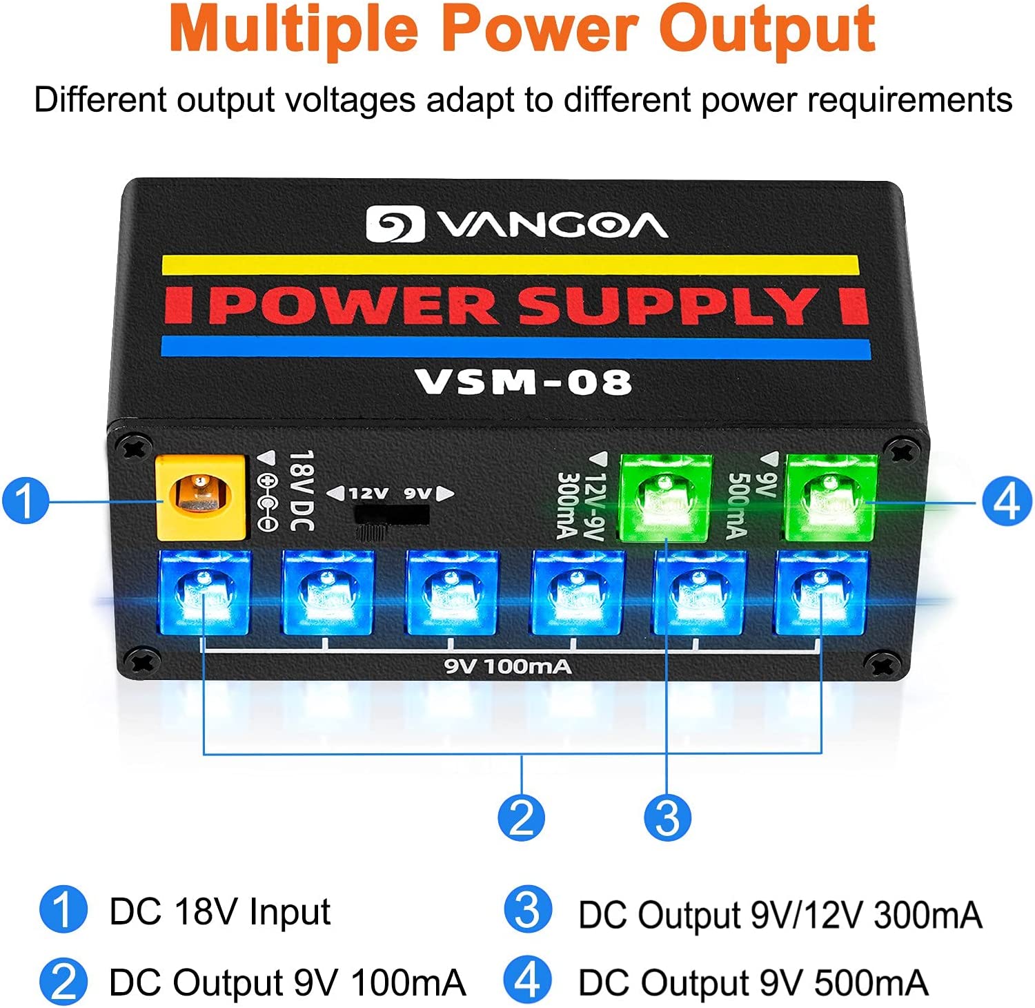 Vangoa VSM08 Guitar Pedal Power Supply 8 DC Output Guitar Power Supply with Adjustable Voltage for 9V/12V Effect Pedal